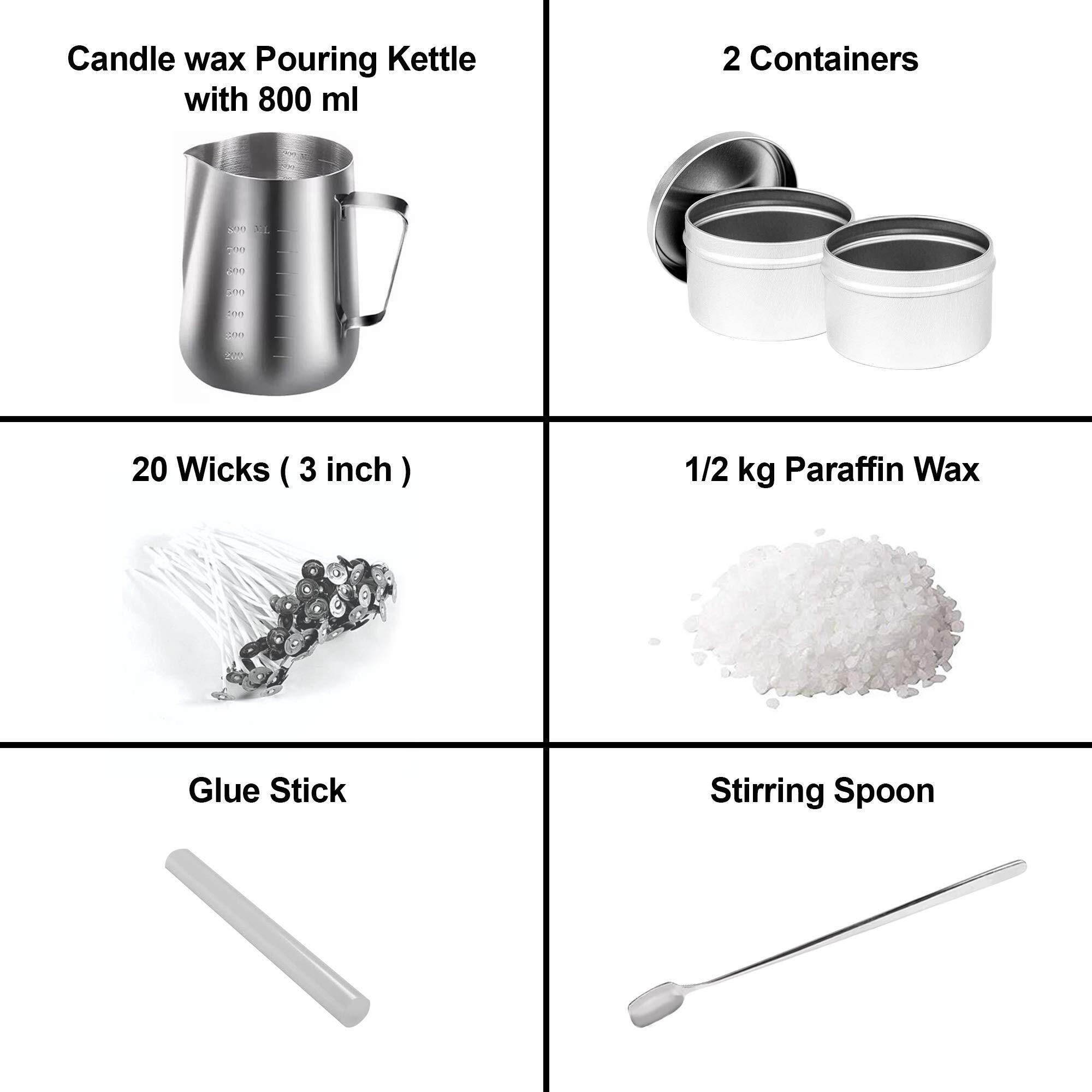 AuraDecor Candle Making Kit for DIY Projects, (Includes 1 Wax Pouring Kettle (800 ml), 1/2 Kg Paraffin Wax, 20 Wick (3 inch), 1 Glue Stick, 1 Stirring Spoon & 2 Containers, Silver)