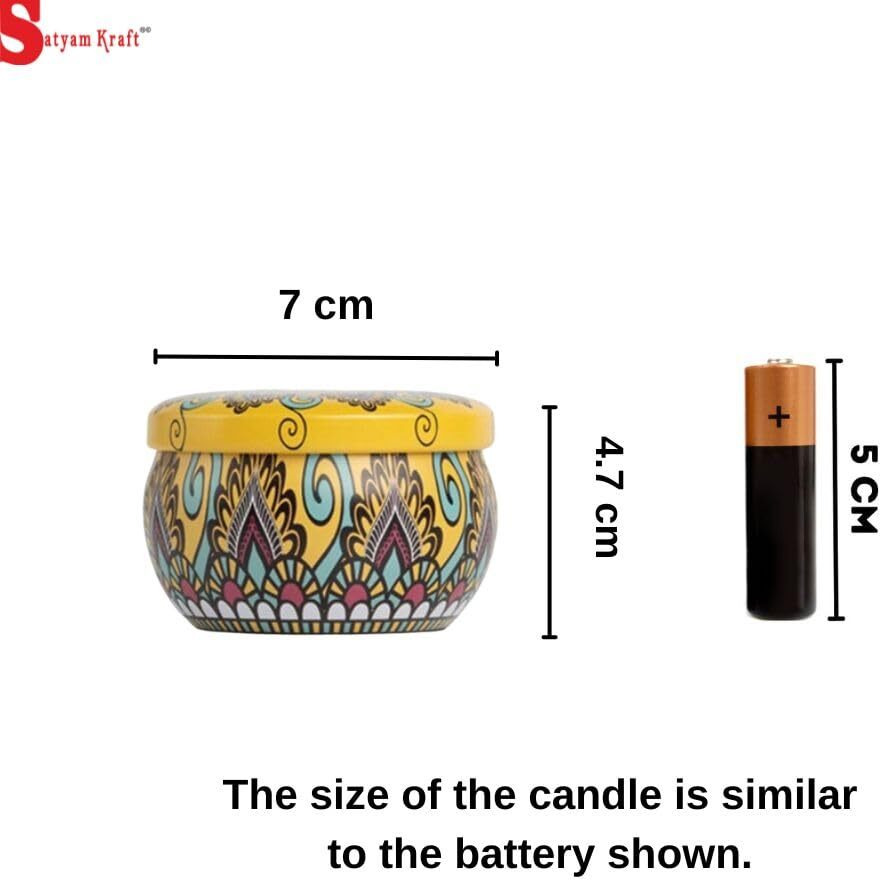 SATYAM KRAFT 1 Pcs Tin Can Round Shape Aroma Scented Soy Wax Candle Eco Friendly Printed Tin,Aromatherapy Candles,Gift for Candlelight Dinner, for Valentine(Random Color)