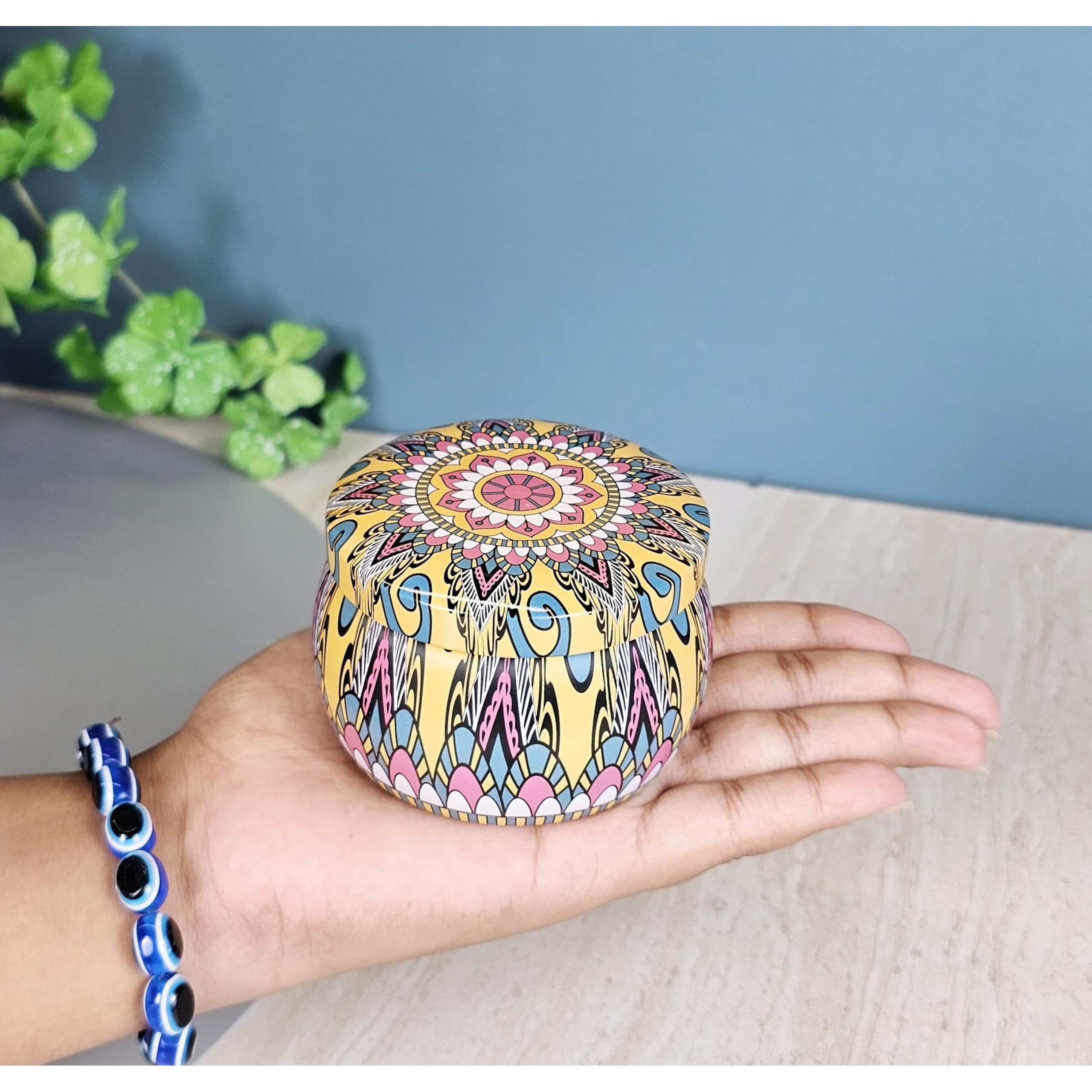 SATYAM KRAFT 1 Pcs Tin Can Round Shape Aroma Scented Soy Wax Candle Eco Friendly Printed Tin,Aromatherapy Candles,Gift for Candlelight Dinner, for Valentine(Random Color)