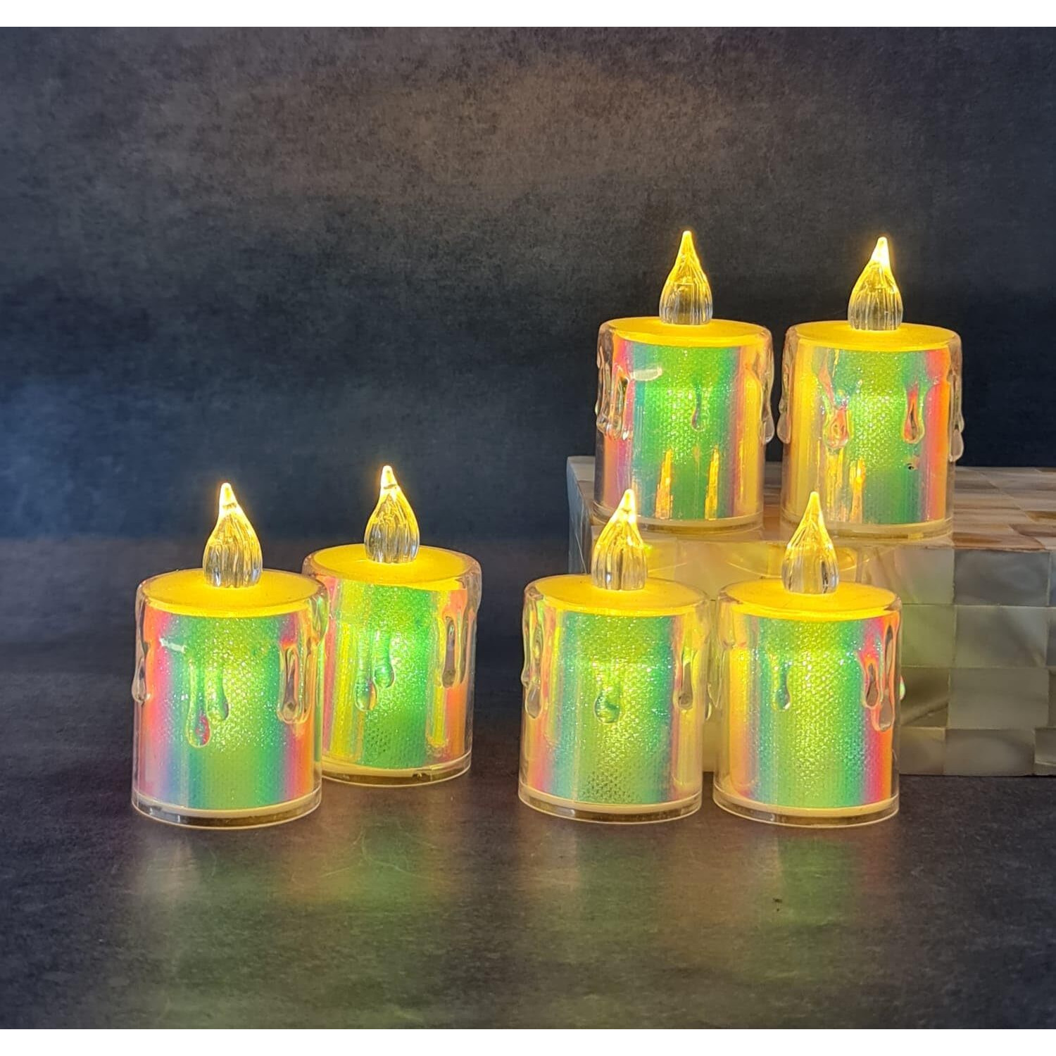 SATYAM KRAFT 6 Pcs Flameless and Smokeless Decorative Multicolour Acrylic Candles Led Tea Light Candle Perfect for Home Decor, Gifting, Festival Decoration (6.5) (Medium)