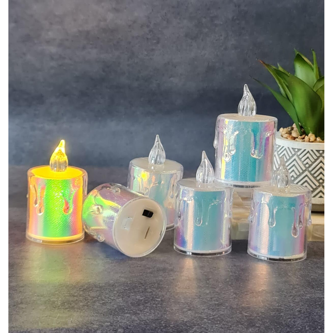 SATYAM KRAFT 6 Pcs Flameless and Smokeless Decorative Multicolour Acrylic Candles Led Tea Light Candle Perfect for Home Decor, Gifting, Festival Decoration (6.5) (Medium)