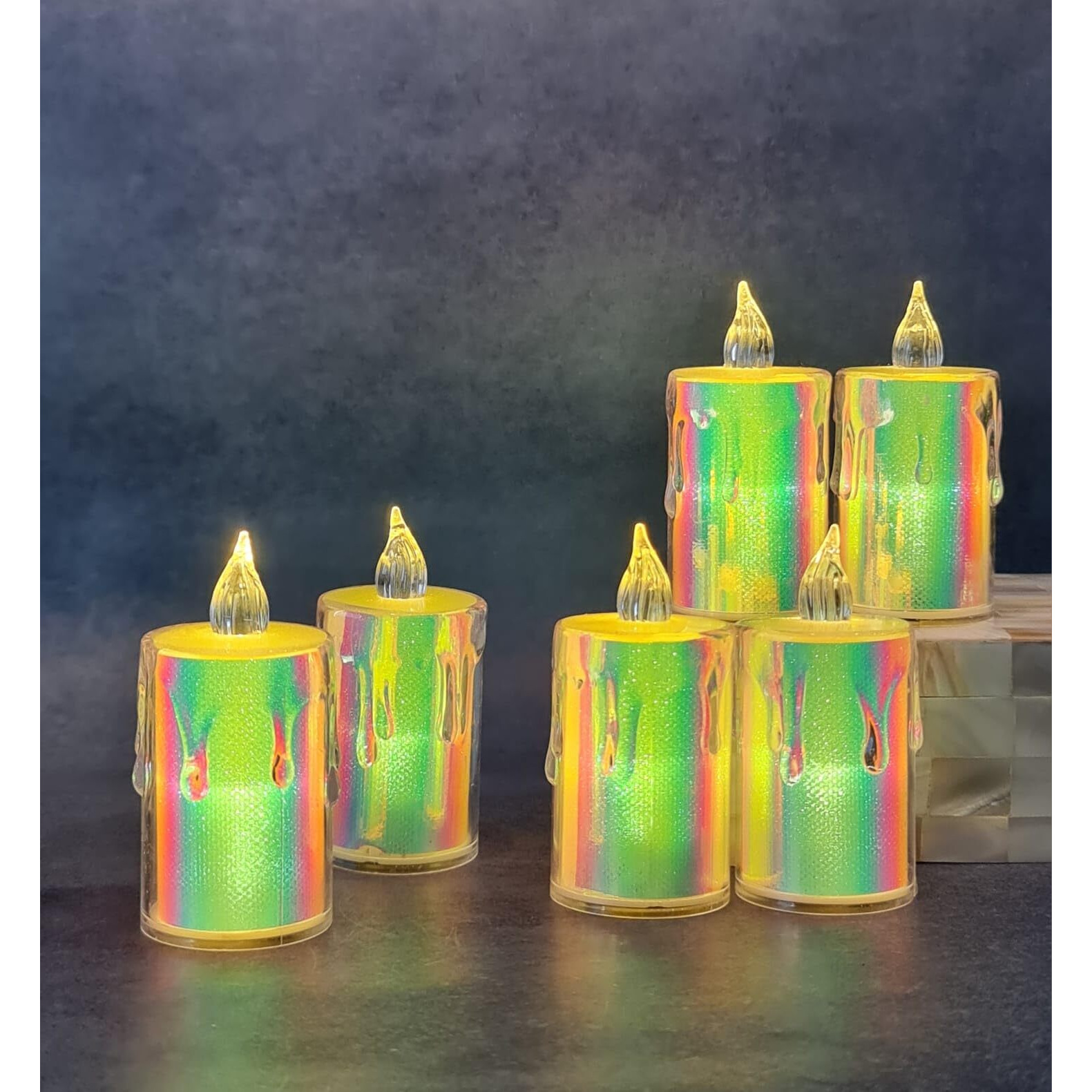 SATYAM KRAFT 6 Pcs Flameless and Smokeless Decorative Multicolour Acrylic Candles Led Tea Light Candle Perfect for Home Decor,Gifting,Festival Decoration (7.9) (Large)
