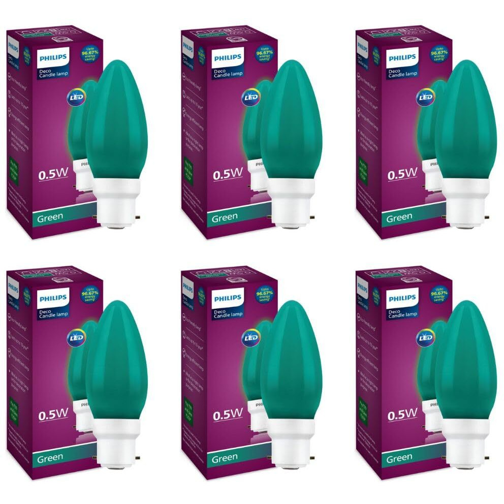 Philips LED Deco Green 0.5W Glass Candle (Pack of 6)