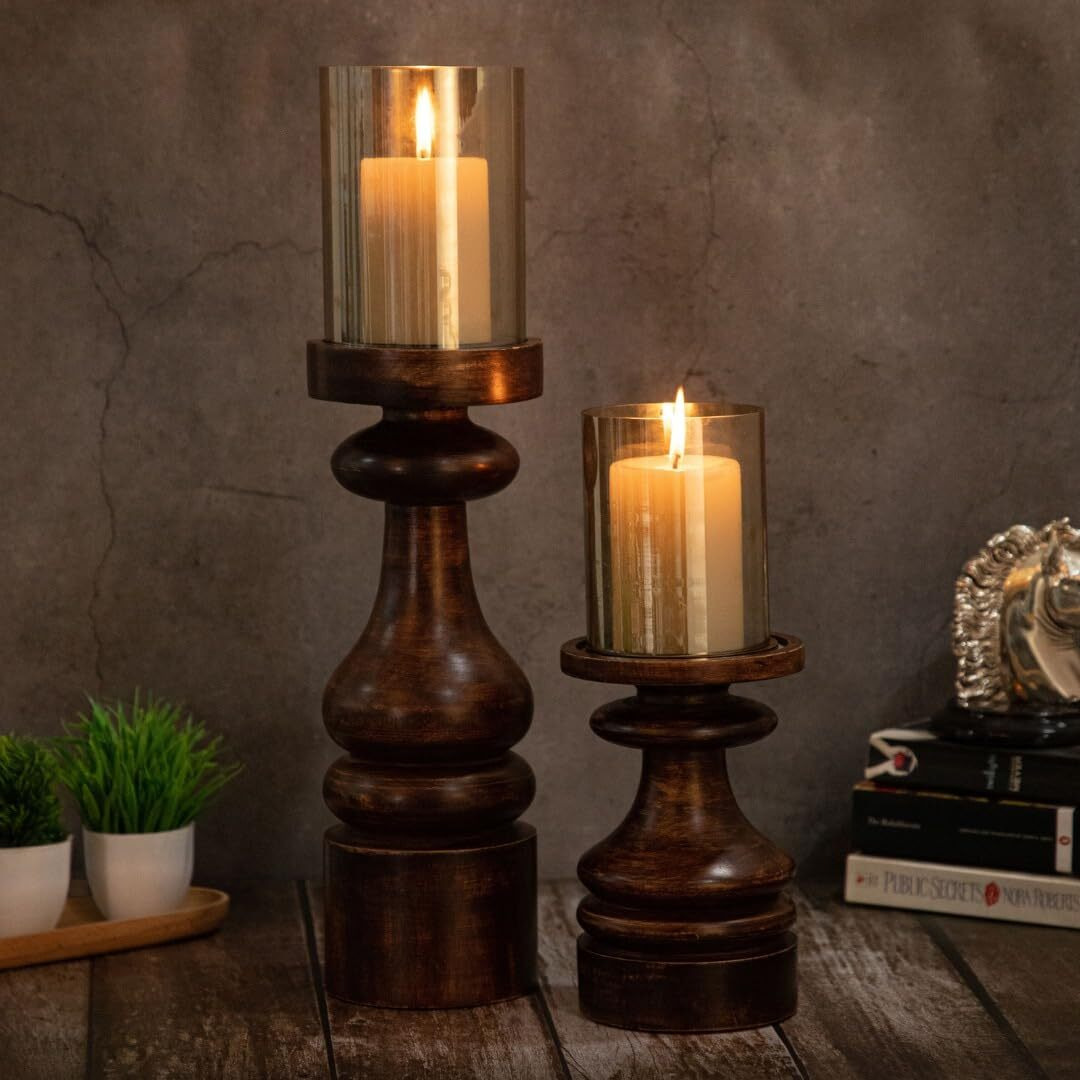 DREAMY WALLS Wooden Candle Stand, Set of 2, Mango Wood Candle holders for Home Dcor with Glass Hurricane, Dining Table Decor, Round Pillar candle holder, Decorative Candle stands for home decor