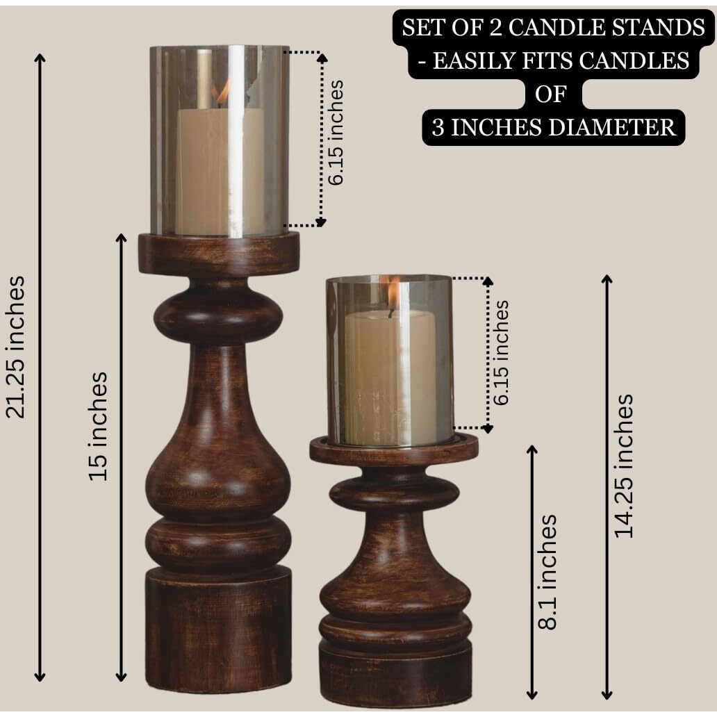 DREAMY WALLS Wooden Candle Stand, Set of 2, Mango Wood Candle holders for Home Dcor with Glass Hurricane, Dining Table Decor, Round Pillar candle holder, Decorative Candle stands for home decor
