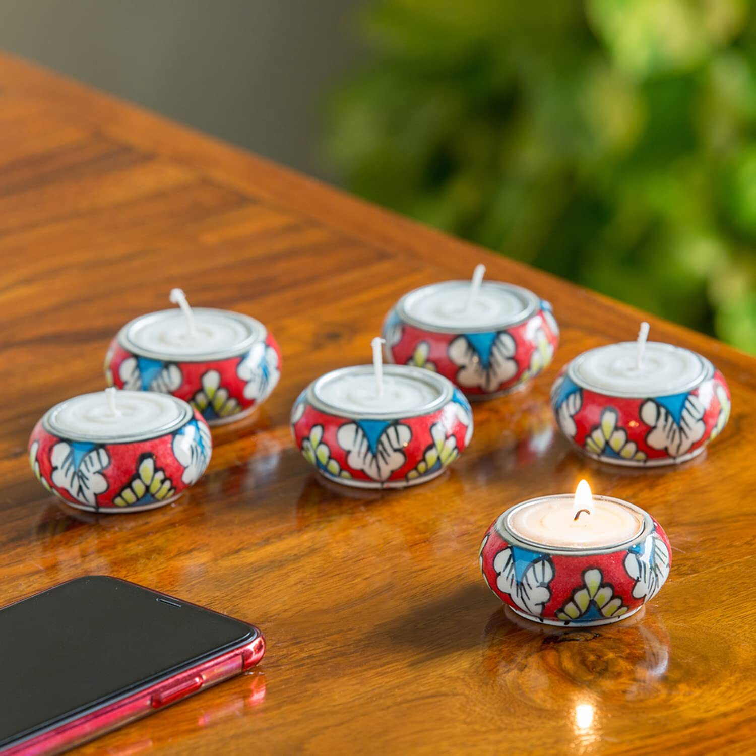 ExclusiveLane Shimmering Mughals Floral Hand-Painted Ceramic Tea Light Holders (Set of 6) - Tealight Candle Holder for Home Dcor Votive Tealight Holder T Lite Candle Stand for Home Decoration