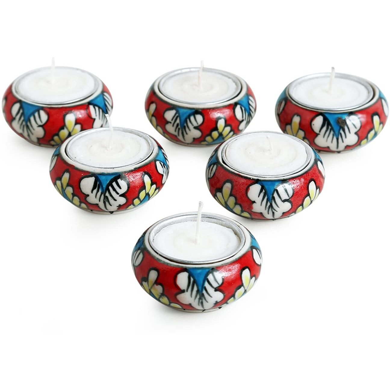 ExclusiveLane Shimmering Mughals Floral Hand-Painted Ceramic Tea Light Holders (Set of 6) - Tealight Candle Holder for Home Dcor Votive Tealight Holder T Lite Candle Stand for Home Decoration