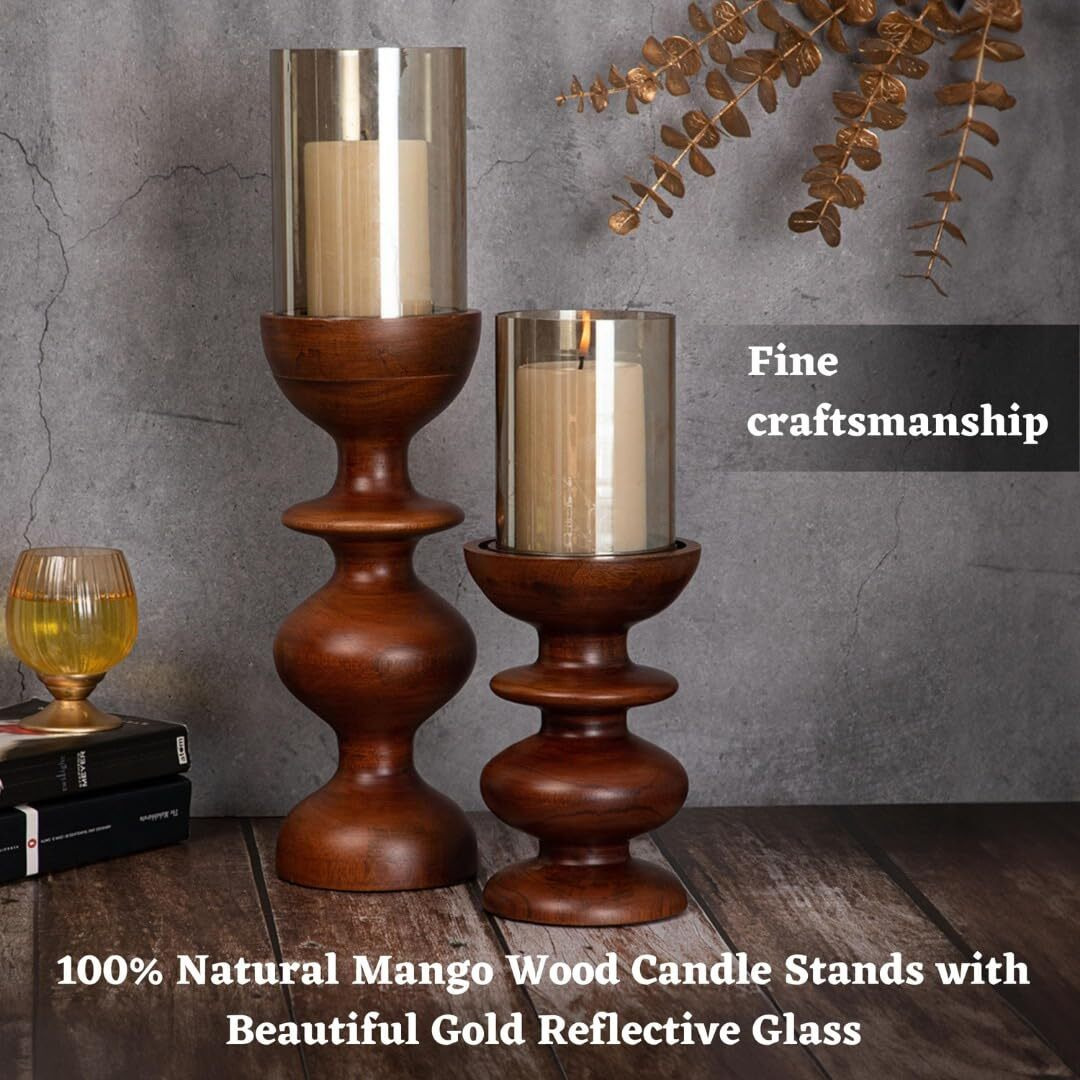 DREAMY WALLS Wooden Candle Stands for Home Decor with Glass (Set of 2)- Mango Wood Candle Holder Stand, Dining Table Decor, Wavy Round Pillar candle holder, Decorative Candle stands for home dcor