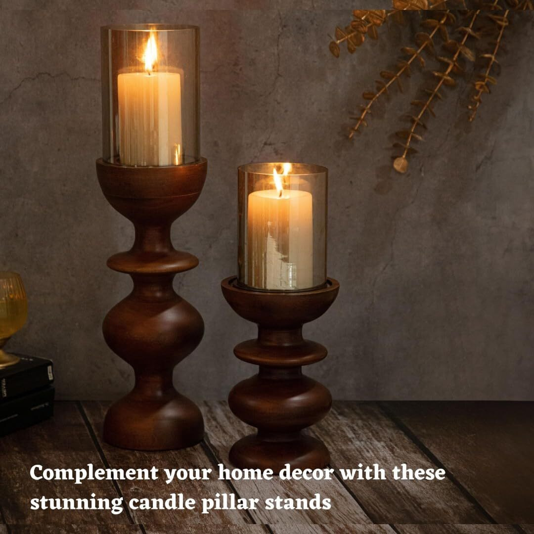DREAMY WALLS Wooden Candle Stands for Home Decor with Glass (Set of 2)- Mango Wood Candle Holder Stand, Dining Table Decor, Wavy Round Pillar candle holder, Decorative Candle stands for home dcor