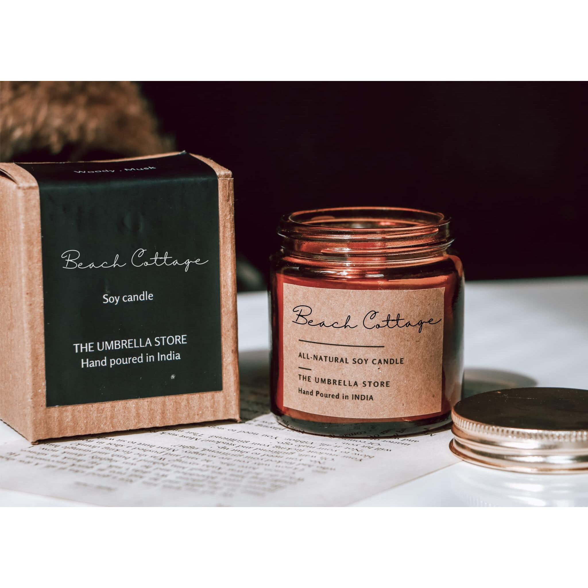 THE UMBRELLA STORE Beach Cottage Scented Candle Ocean Scented Candle Fragrance Hand Poured Soy Wax Candle Gift (Pack of 1, 100 Grms)