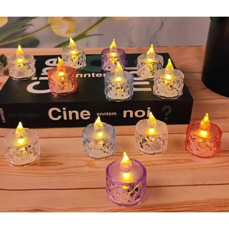 One94Store 12 Pcs Flameless and Smokeless Decorative Candles Transparent Acrylic Led Tea Light Candle for Christmas, Festival,Candles (12 Pieces, Multicolor, 2 cm)
