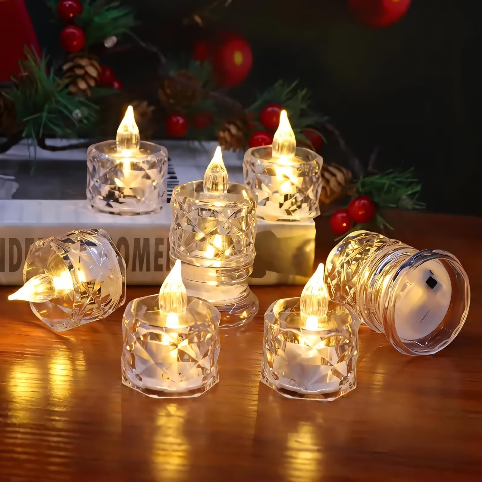 One94Store 12 Pcs Flameless and Smokeless Decorative Candles Transparent Acrylic Led Tea Light Candle for Christmas, Festival,Candles (12 Pieces, Yellow, 2 cm)