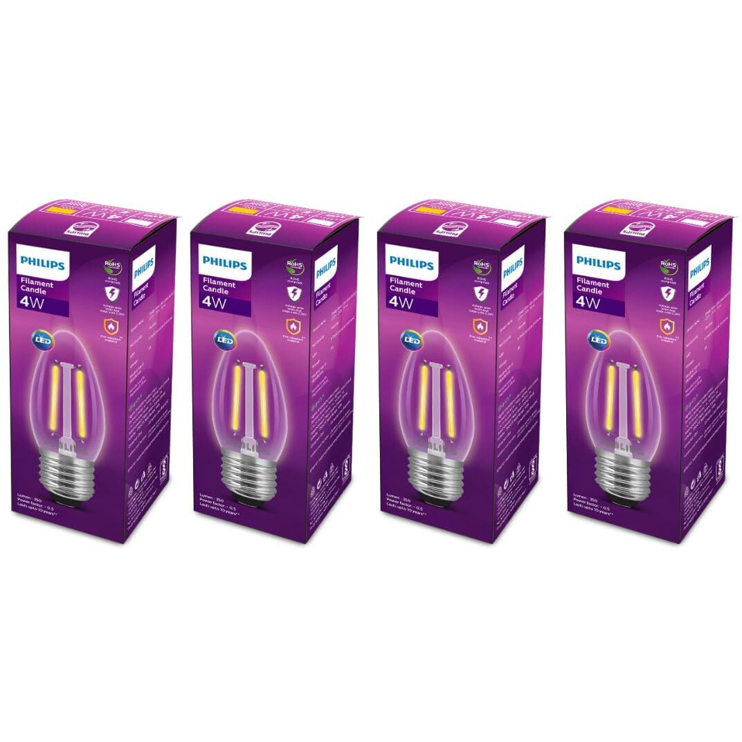 Philips 4-Watt 400-lumen Clear Candle E27 Base (Warm White, Pack of 4) - Decorative, Ambience for Chandeliers, Wall lights, Desk lamps, Floor lamps