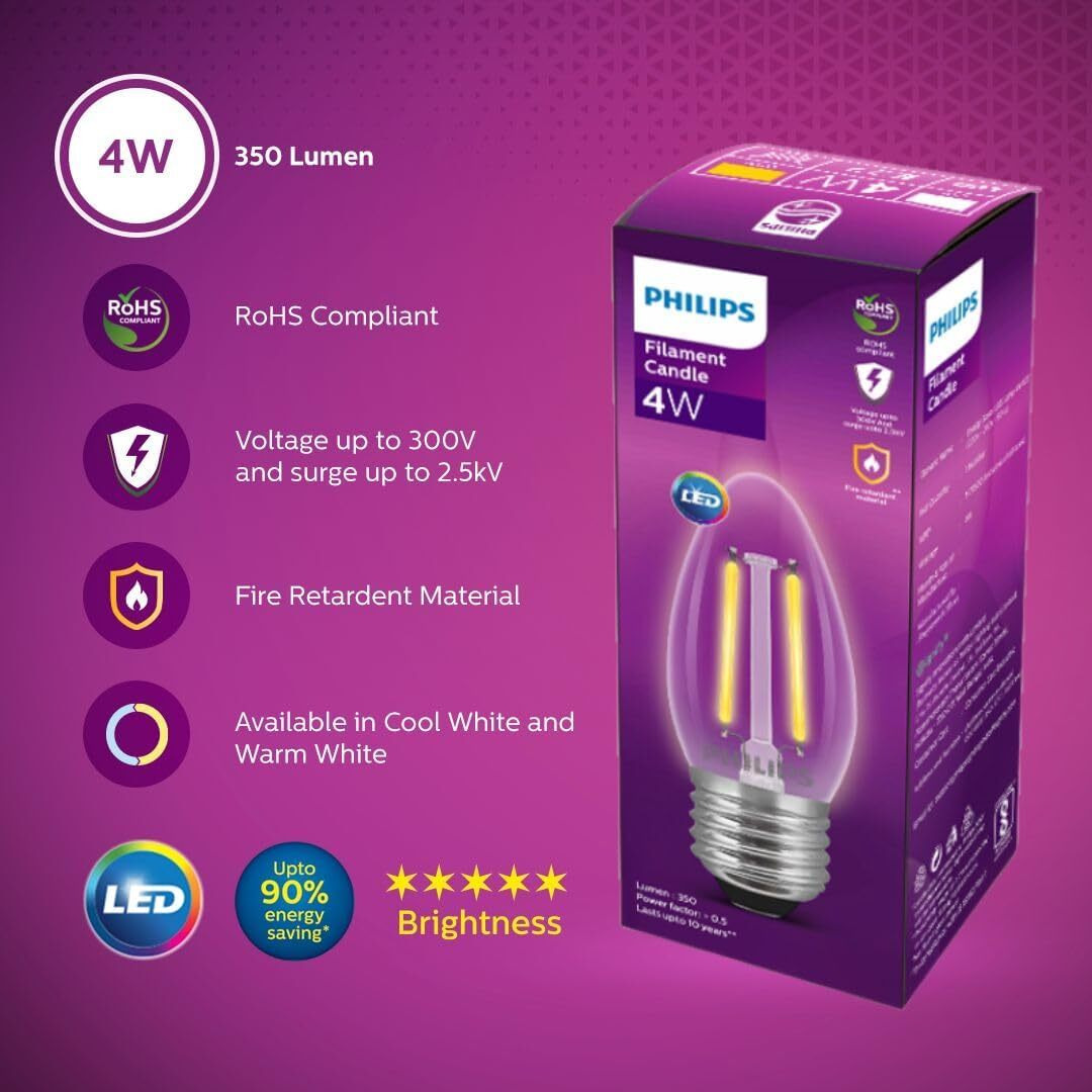 Philips 4-Watt 400-lumen Clear Candle E27 Base (Warm White, Pack of 4) - Decorative, Ambience for Chandeliers, Wall lights, Desk lamps, Floor lamps