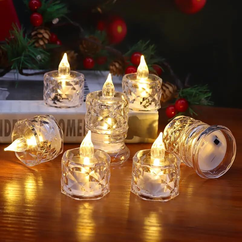 One94store 6 Pcs Flameless and Smokeless Decorative Candles Transparent Acrylic Led Tea Light Candle for Christmas, Festival,Candles (6 Pieces, Yellow, 2 cm)