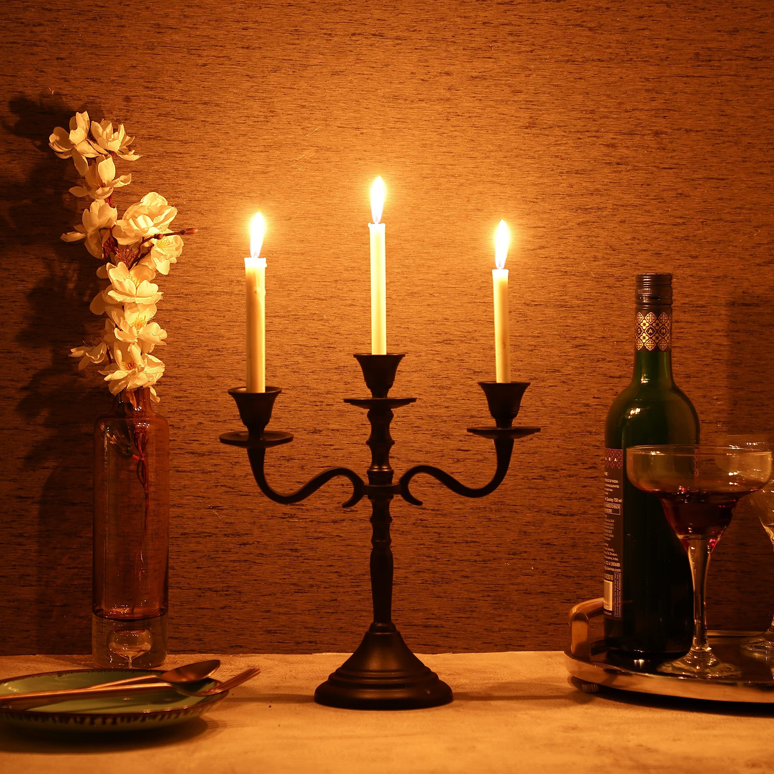 VOIDROP-Three Arm Candelabra Tall -Glossy Taper Candle Holders, Candle Stands, Candlesticks for Home Decor, Wedding, Parties, Dinning Table Center Piece, Thick Candles for Festival Occasions- BLK