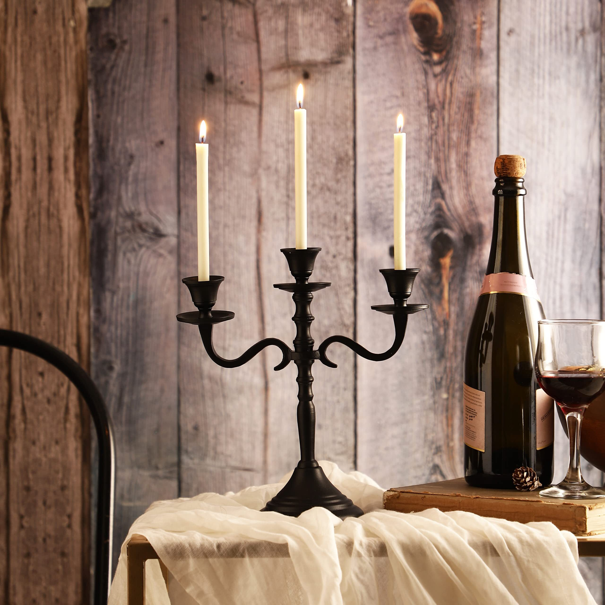VOIDROP-Three Arm Candelabra Tall -Glossy Taper Candle Holders, Candle Stands, Candlesticks for Home Decor, Wedding, Parties, Dinning Table Center Piece, Thick Candles for Festival Occasions- BLK