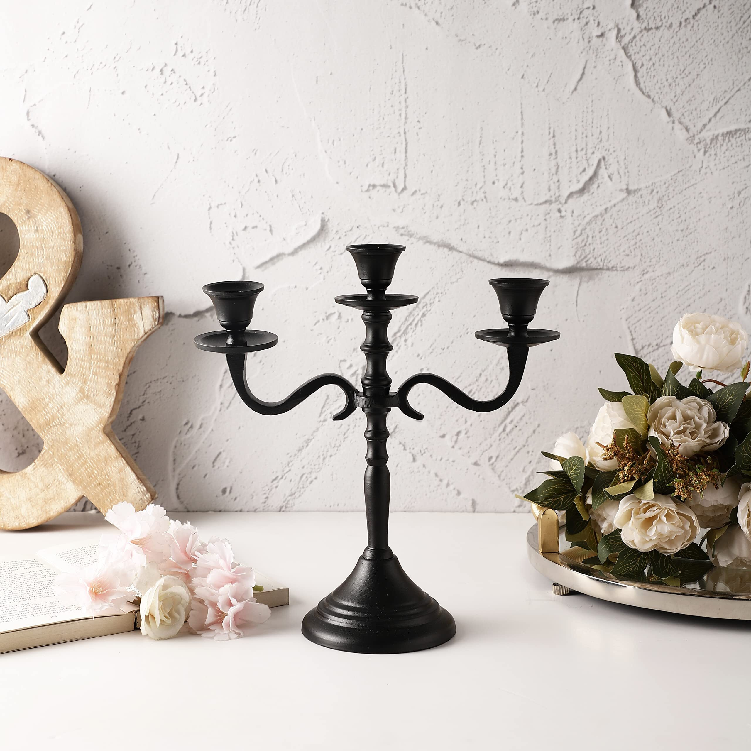 VOIDROP-Three Arm Candelabra Tall -Glossy Taper Candle Holders, Candle Stands, Candlesticks for Home Decor, Wedding, Parties, Dinning Table Center Piece, Thick Candles for Festival Occasions- BLK
