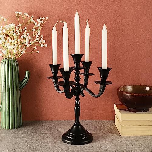 VOIDROP Five Arm Candelabra Tall -Glossy Taper Candle Holders, Candle Stands, Candlesticks for Home Decor, Wedding, Parties, Dinning Table Centerpiece, Thick Candles for Home Decoration (Black)