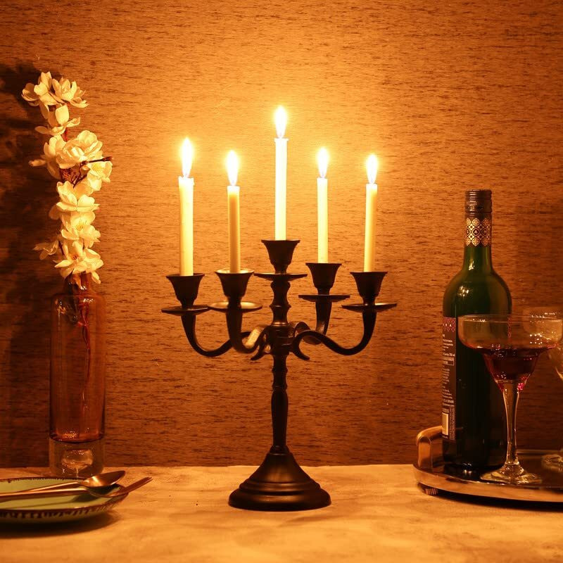 VOIDROP Five Arm Candelabra Tall -Glossy Taper Candle Holders, Candle Stands, Candlesticks for Home Decor, Wedding, Parties, Dinning Table Centerpiece, Thick Candles for Home Decoration (Black)
