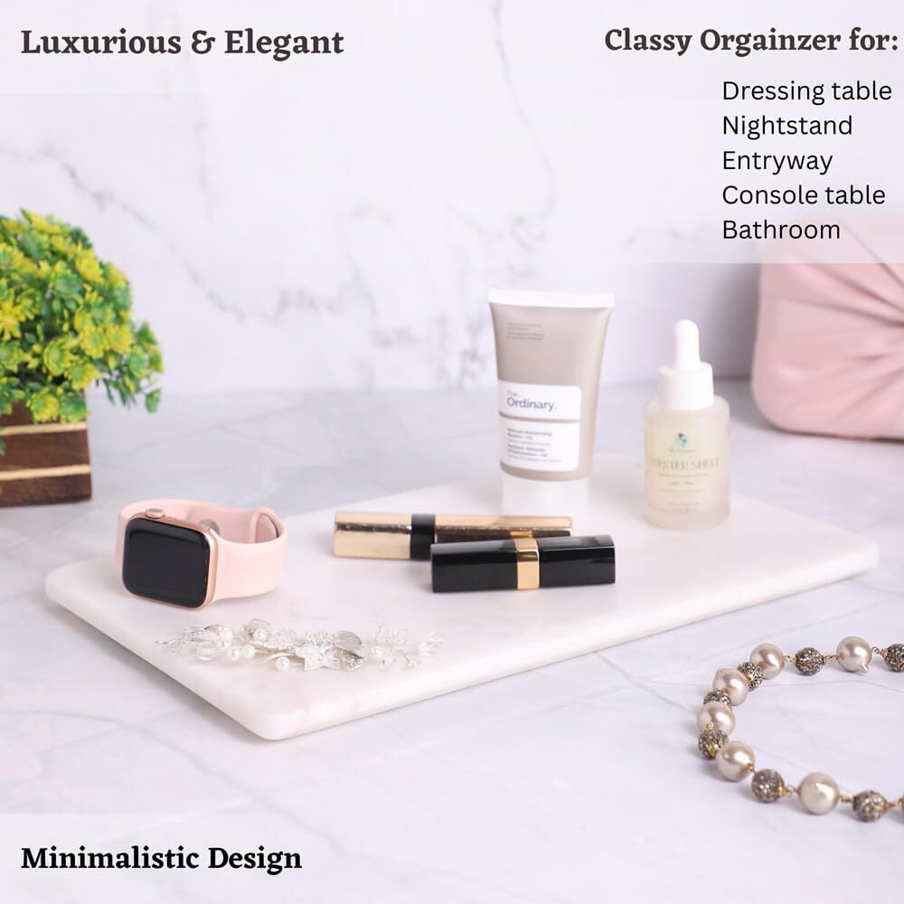 Dreamy Walls White Marble Vanity Tray for Bathroom - Small Tray Organizer for Dresser & Night Stand - Dish Holder, Cosmetic Tray - Perfume, Candle, Small Plant, Home Dcor - Ideal Size