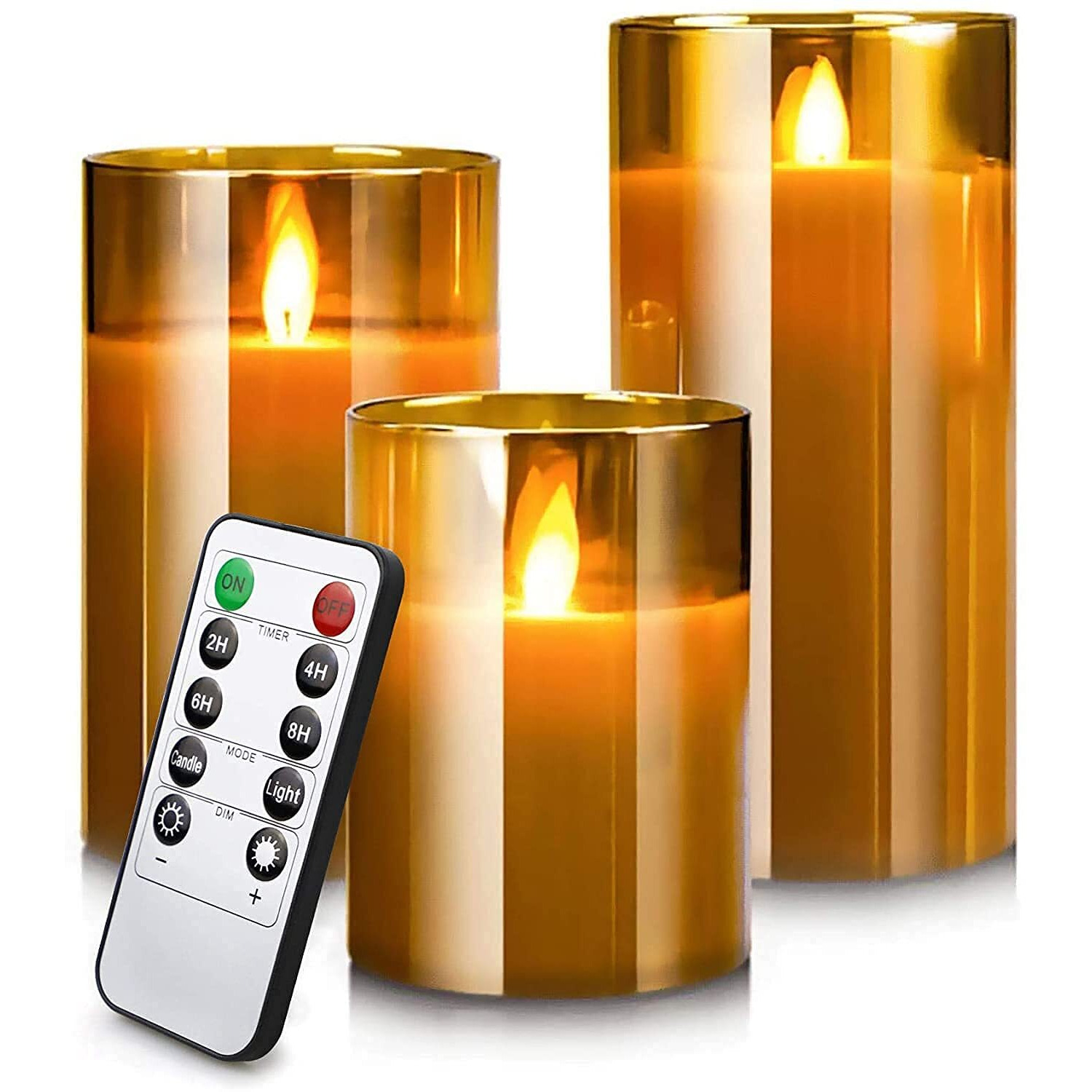 LTETTES Flameless Battery Operated Real Wax Amber Glass Led Candle 3x45 6 Set of 3 Night Lamp Candles with Remote Control & Timer for Home Decorations, Festival, Wedding, Birthday, Gifting