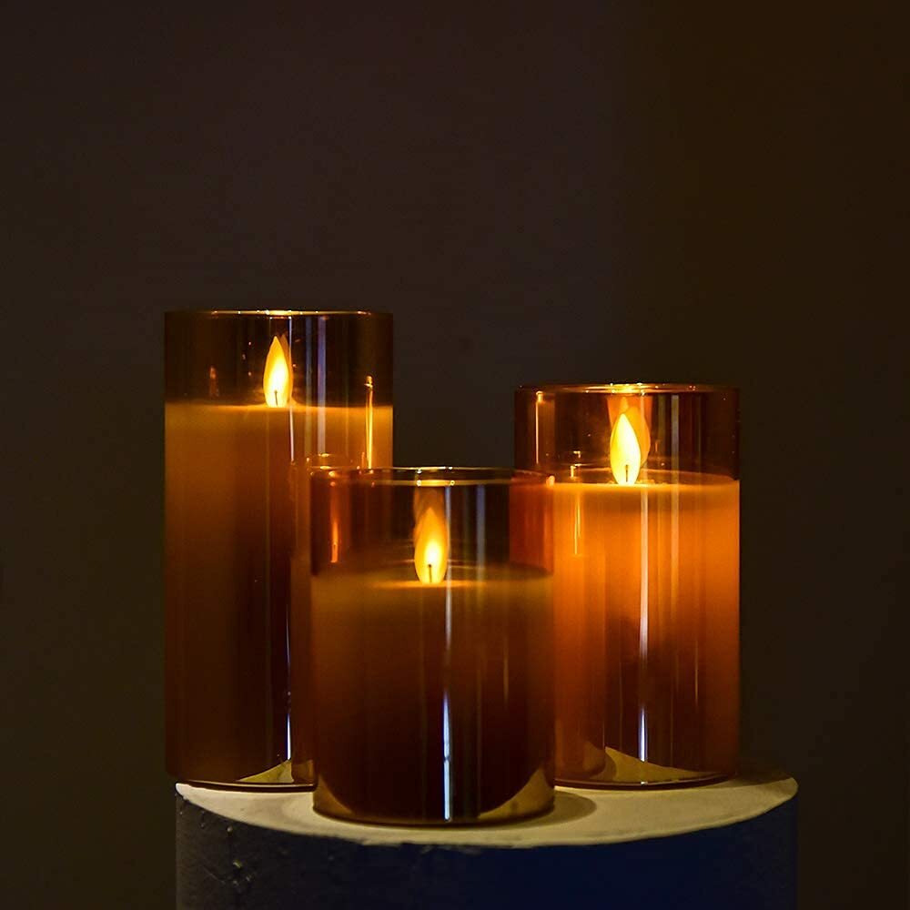 LTETTES Flameless Battery Operated Real Wax Amber Glass Led Candle 3x45 6 Set of 3 Night Lamp Candles with Remote Control & Timer for Home Decorations, Festival, Wedding, Birthday, Gifting