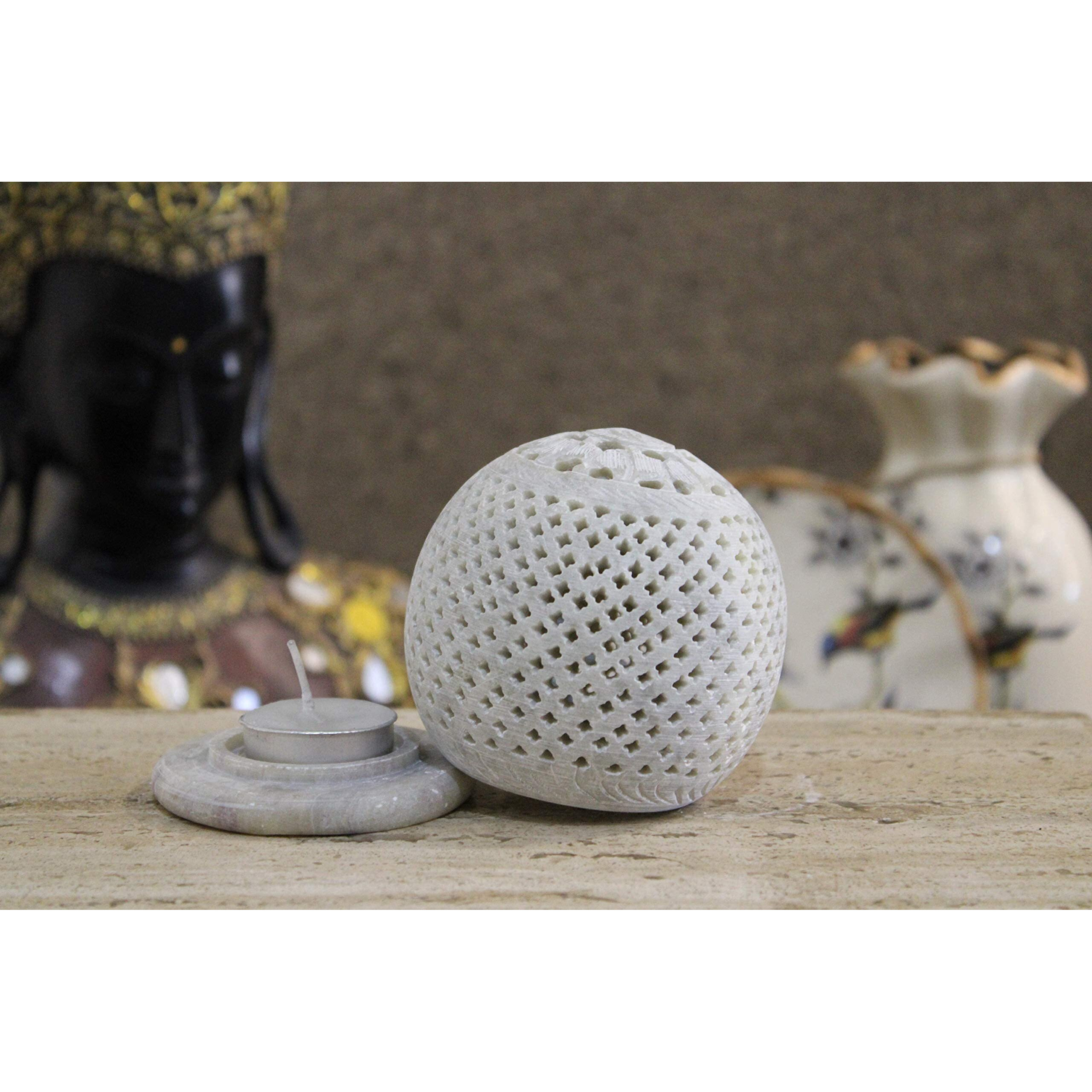 KC KULLICRAFT Marble Soapstone Round Tea Light Candle Holder - Perfect Handmade for Gifting.Decorative Home and Office Decor. (Free 1 Candle Tea light)