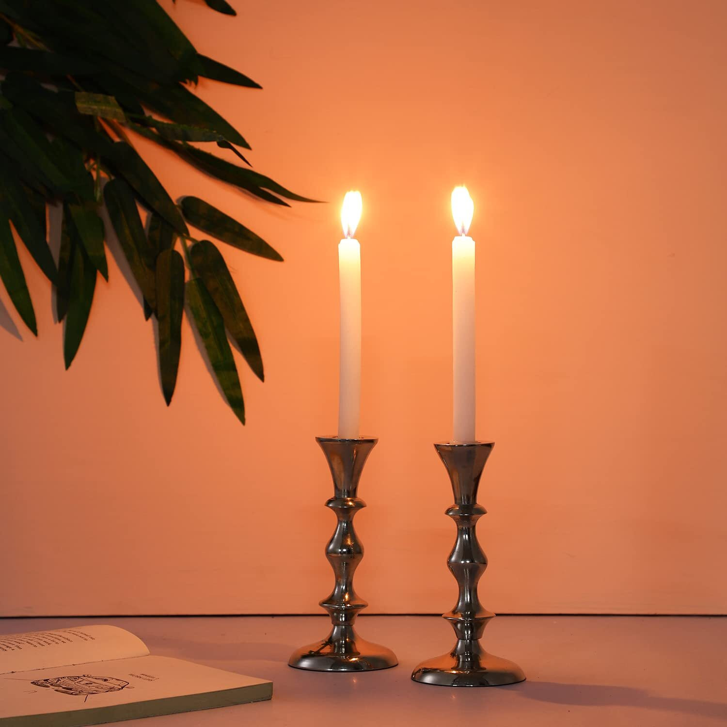 Voidrop Pillar Candle Holder,Taper Candle Holder for Retro Candleholder, Formal Events, Wedding, Church, Holiday Dcor, Dinning Table Centerpiece Candles -Set of 2 (Silver)