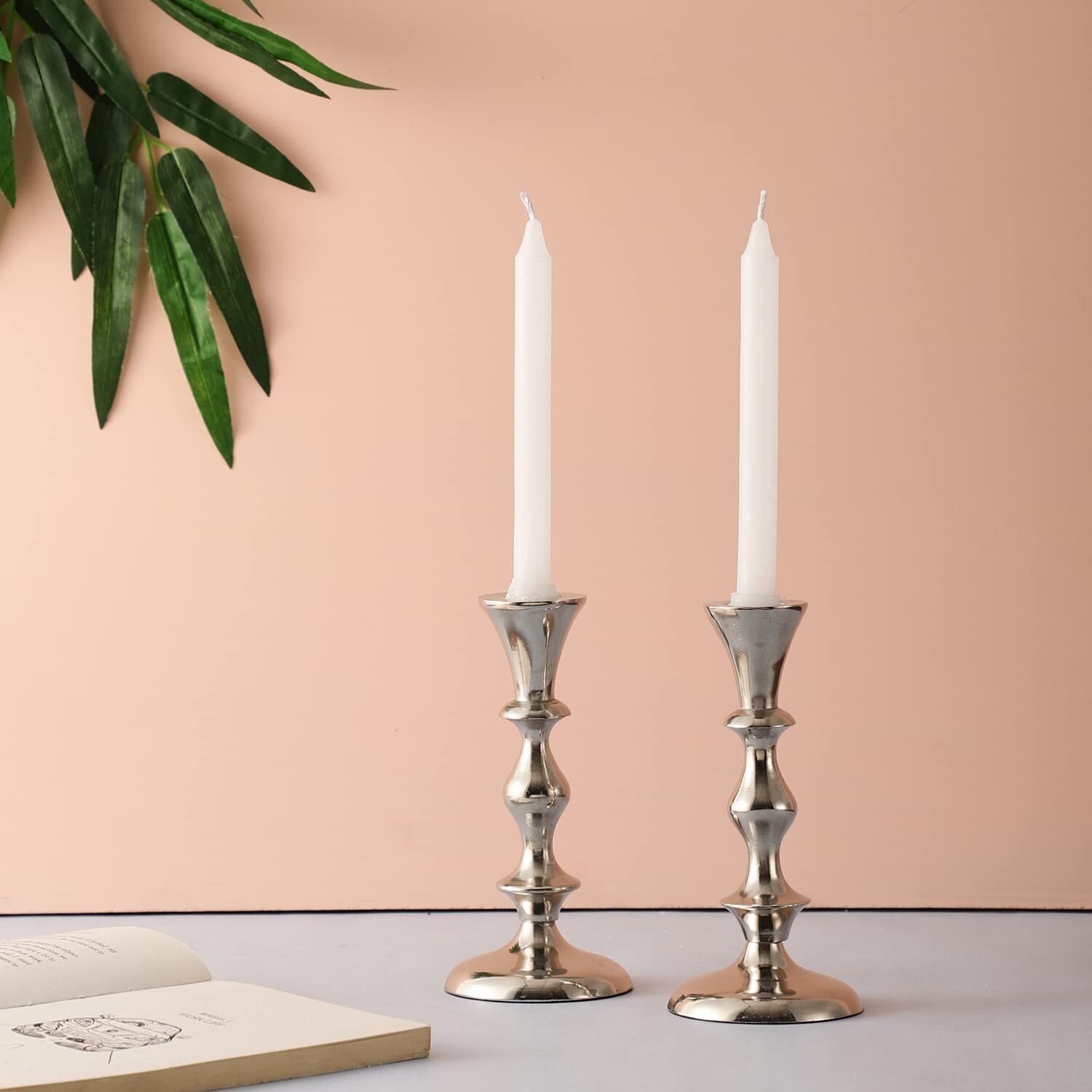 Voidrop Pillar Candle Holder,Taper Candle Holder for Retro Candleholder, Formal Events, Wedding, Church, Holiday Dcor, Dinning Table Centerpiece Candles -Set of 2 (Silver)