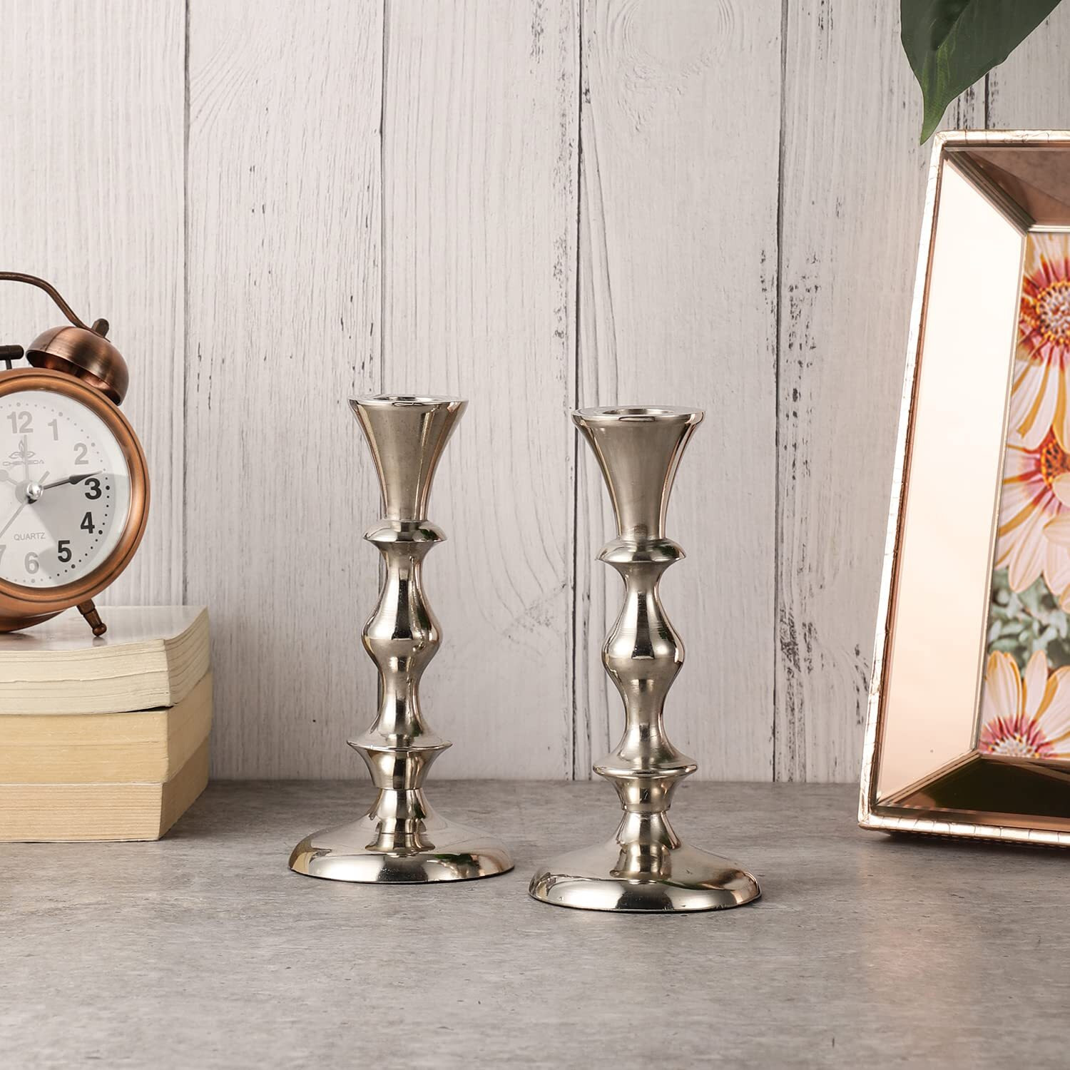 Voidrop Pillar Candle Holder,Taper Candle Holder for Retro Candleholder, Formal Events, Wedding, Church, Holiday Dcor, Dinning Table Centerpiece Candles -Set of 2 (Silver)