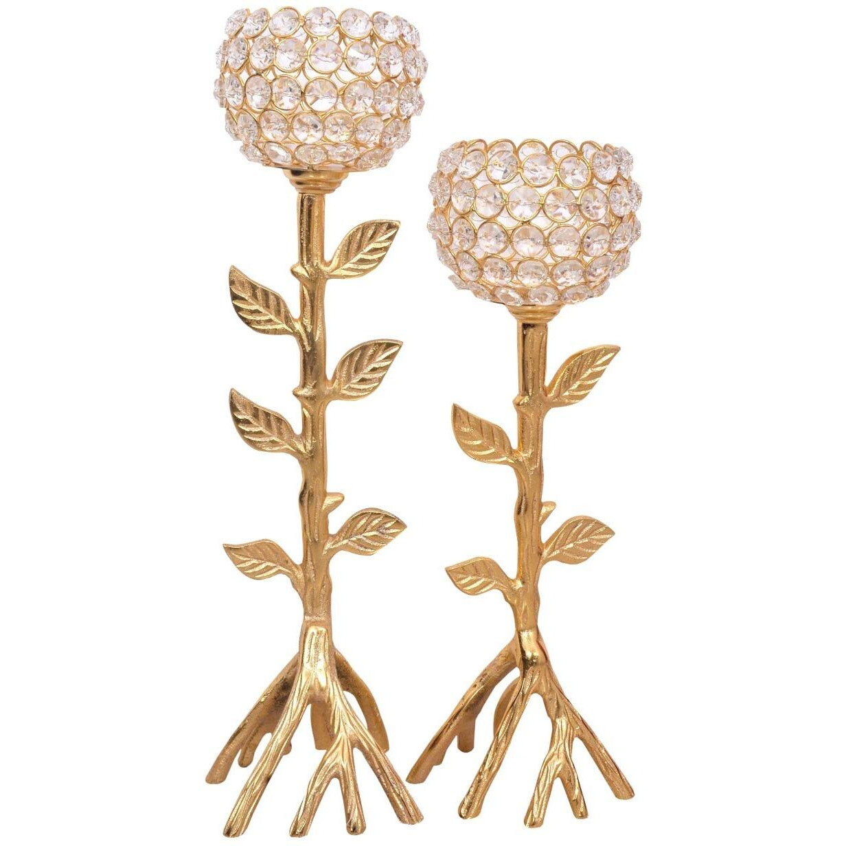 Gift Designer Decorative Tableware Clear Glass Crystal Golden Candle Stand/ Candle Holder / Tealight Holder With Unique Tree Design Base - Set of 2 + 2 Tealight Candles - BY Marigold Stores