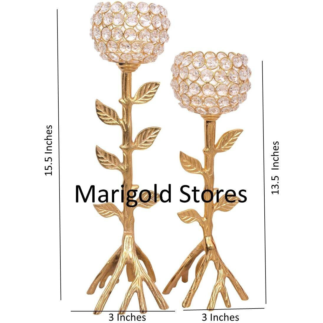 Gift Designer Decorative Tableware Clear Glass Crystal Golden Candle Stand/ Candle Holder / Tealight Holder With Unique Tree Design Base - Set of 2 + 2 Tealight Candles - BY Marigold Stores