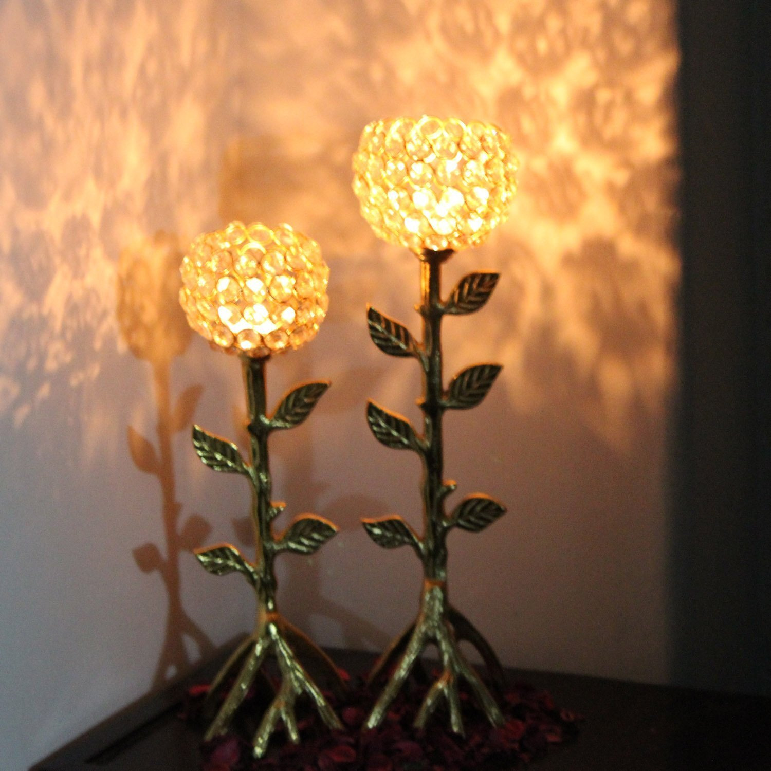 Gift Designer Decorative Tableware Clear Glass Crystal Golden Candle Stand/ Candle Holder / Tealight Holder With Unique Tree Design Base - Set of 2 + 2 Tealight Candles - BY Marigold Stores