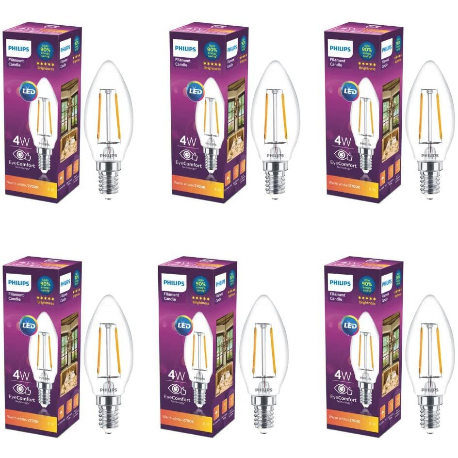 Philips 4-Watt 400-lumen Clear Candle E14 Base (Warm White, Pack of 6) - Decorative, Ambience for Chandeliers, Wall Lights, Desk Lamps, Floor Lamps