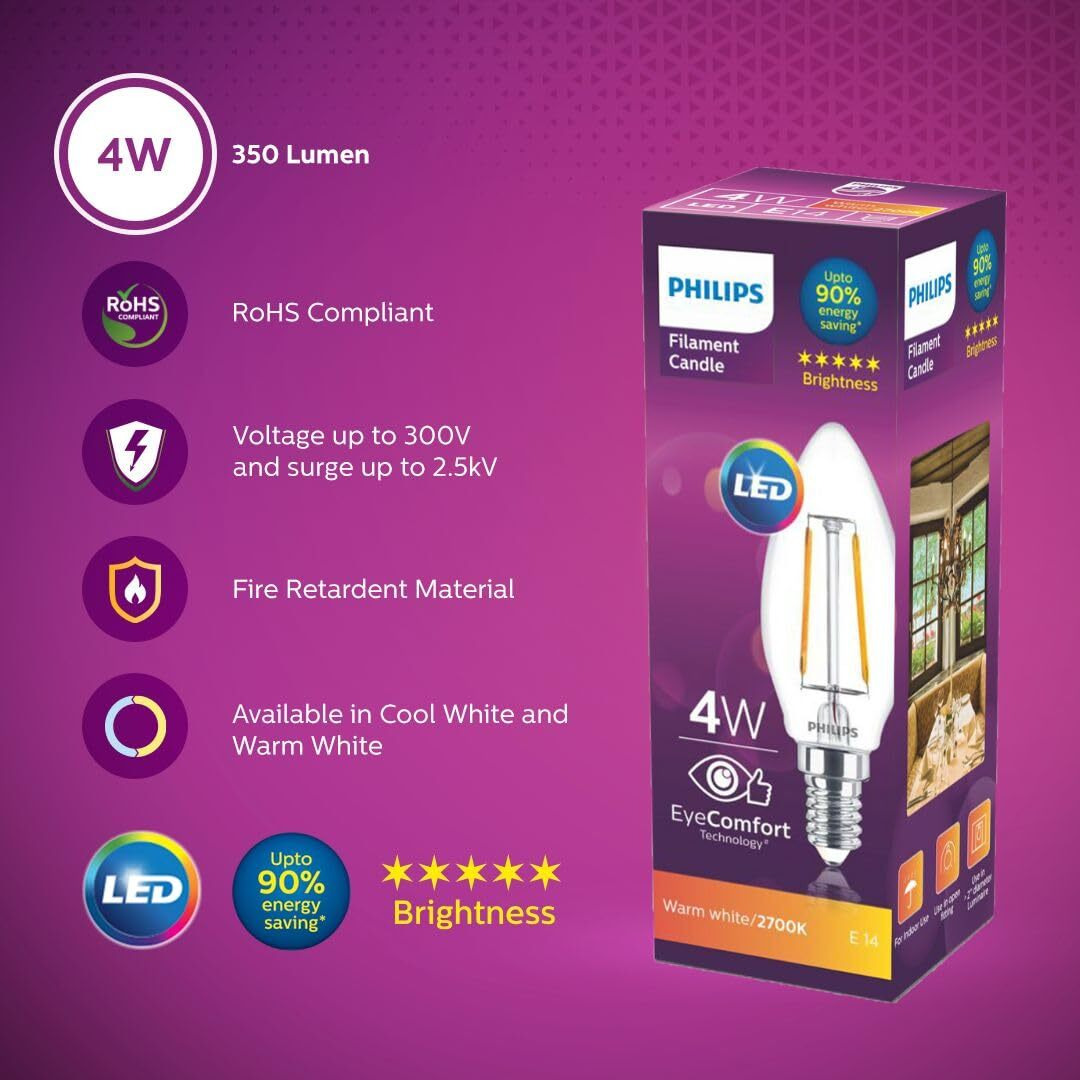 Philips 4-Watt 400-lumen Clear Candle E14 Base (Warm White, Pack of 6) - Decorative, Ambience for Chandeliers, Wall Lights, Desk Lamps, Floor Lamps