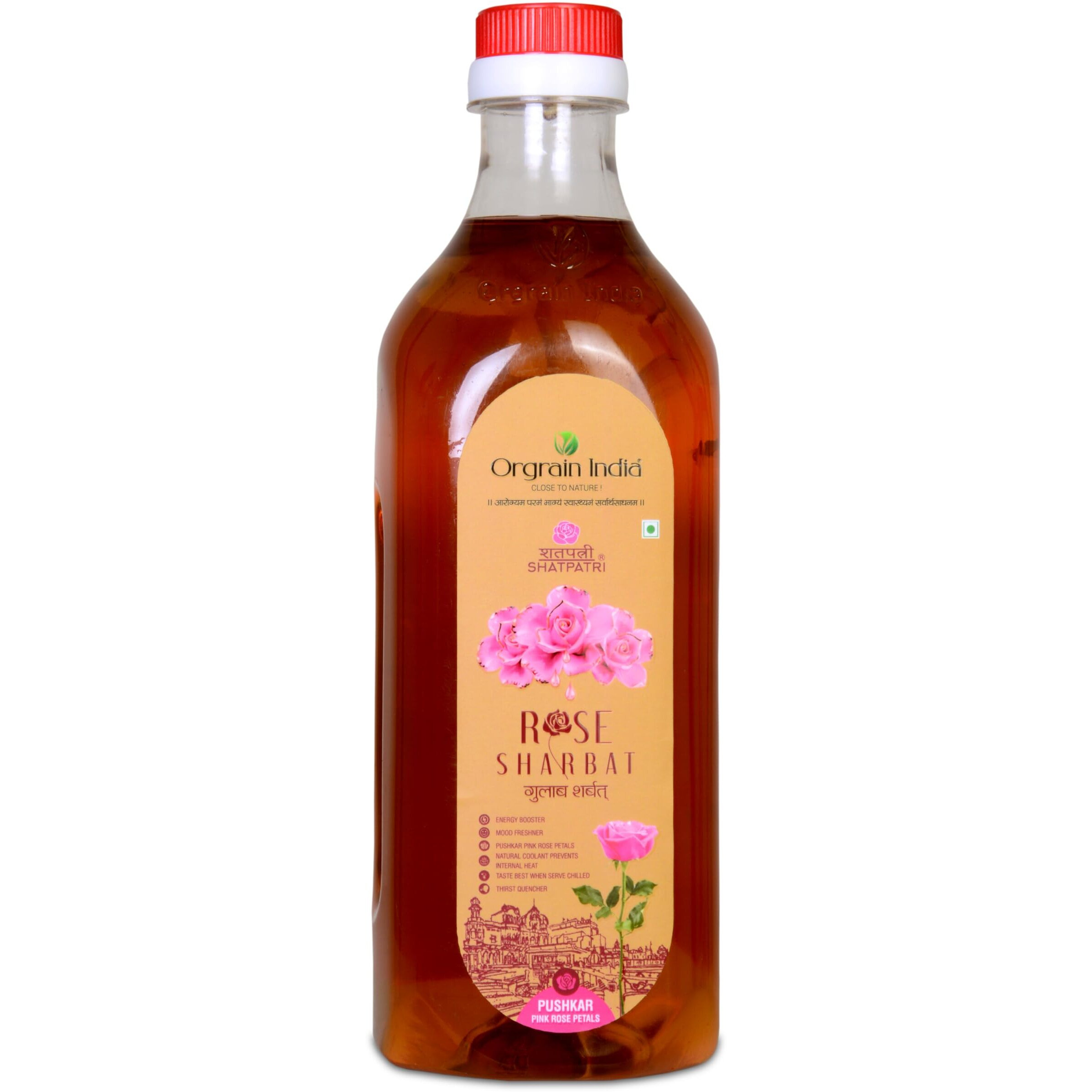 Orgrain India Pushkar Raj Rose (Gulab) Sharbat 1000ml With Pink Rose Petals | Mix with Water, Milk, Ice Creams, Faloodas, Mock Tails, Desserts & Sweets