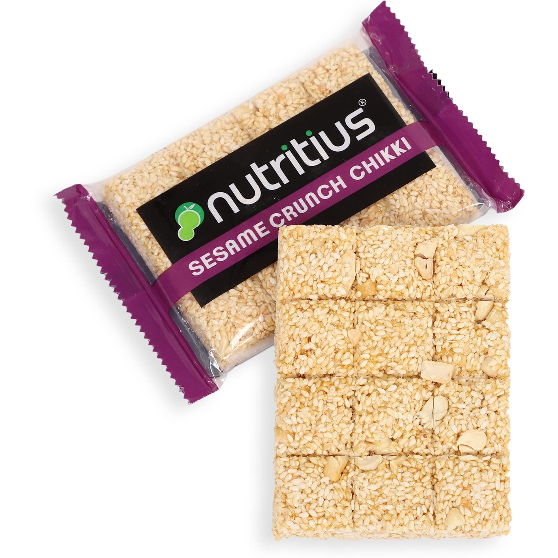 Nutritius Sesame Crunch Chikki 100g (Pack of 12) + 1 FREE Surprise Chikki (26g) | Till Chikki | Gajak | White Til | Winter Snack | Sesame Bar | Made with Jaggery | No Glucose Syrup | No Preservatives | Gluten Free | Indian Sweets | Gajak