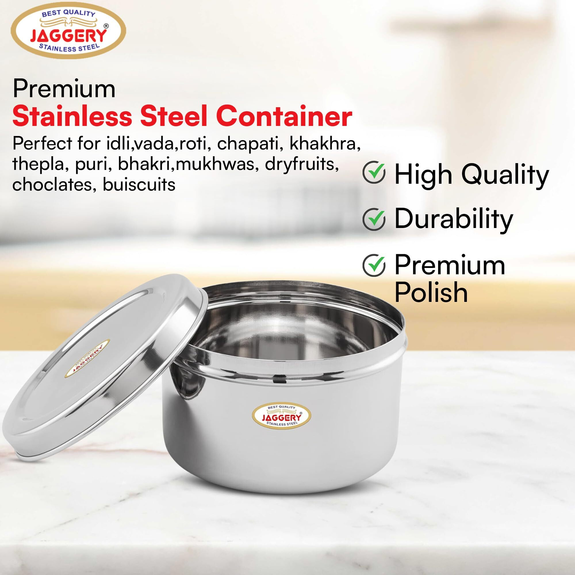 Jaggery Steel Container Heavy Gauge Stainless, Storage Box, Deep Betha Dabba, Grocery Canister, Multipurpose Dibba (Capacity- 3500Ml,1Pc) For Laddu/Papad/Chips/Idli/Snacks/Sweets/Chapati,Puri - Silver