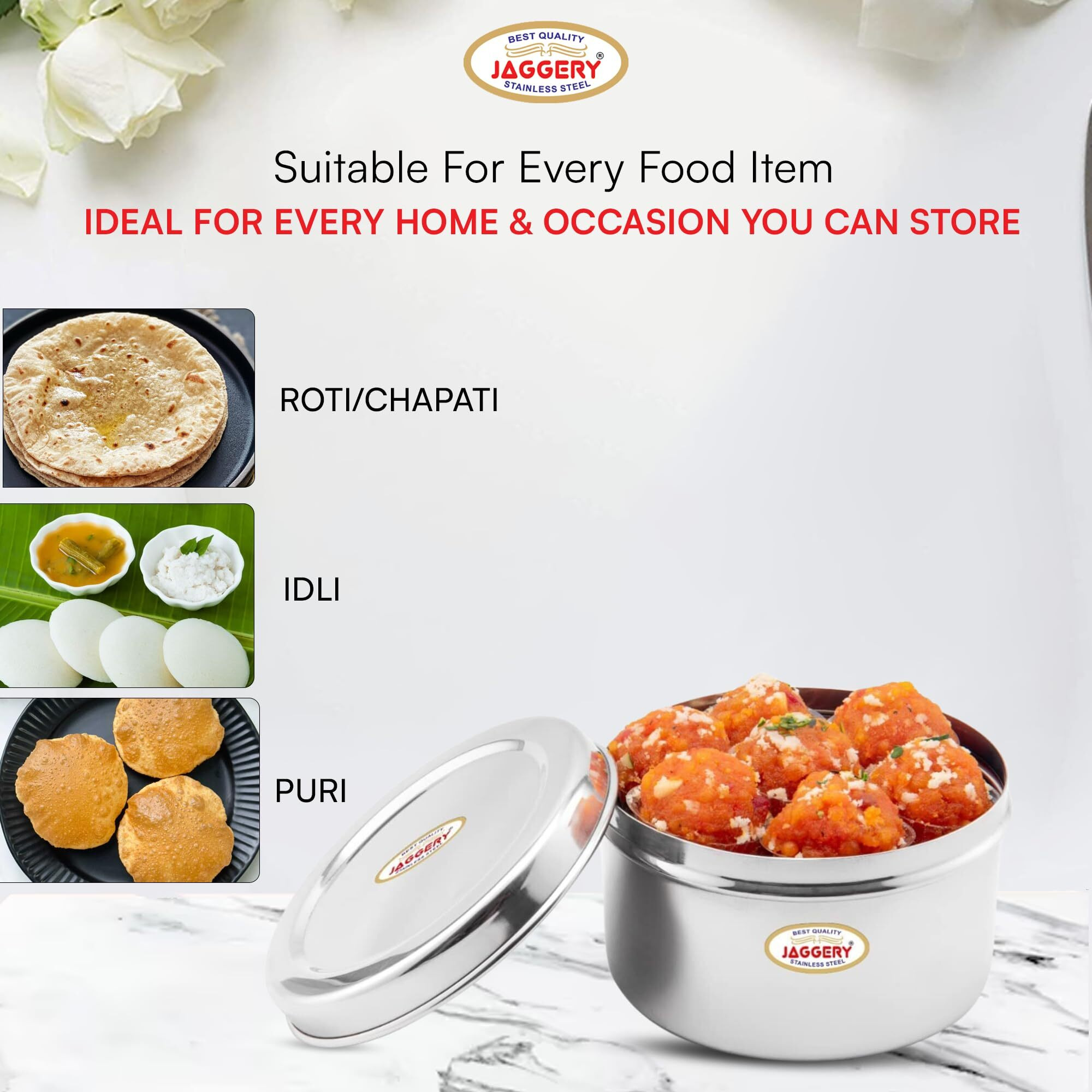 Jaggery Steel Container Heavy Gauge Stainless, Storage Box, Deep Betha Dabba, Grocery Canister, Multipurpose Dibba (Capacity- 3500Ml,1Pc) For Laddu/Papad/Chips/Idli/Snacks/Sweets/Chapati,Puri - Silver
