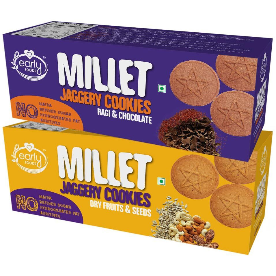 Early Foods - Early Foods - Biscuits Combo Pack - Dry Fruit & Ragi Choco Jaggery Cookies X 2 ,Sugar Free Biscuits, Cookies For Kids & Adults - Butter, 260 Gm