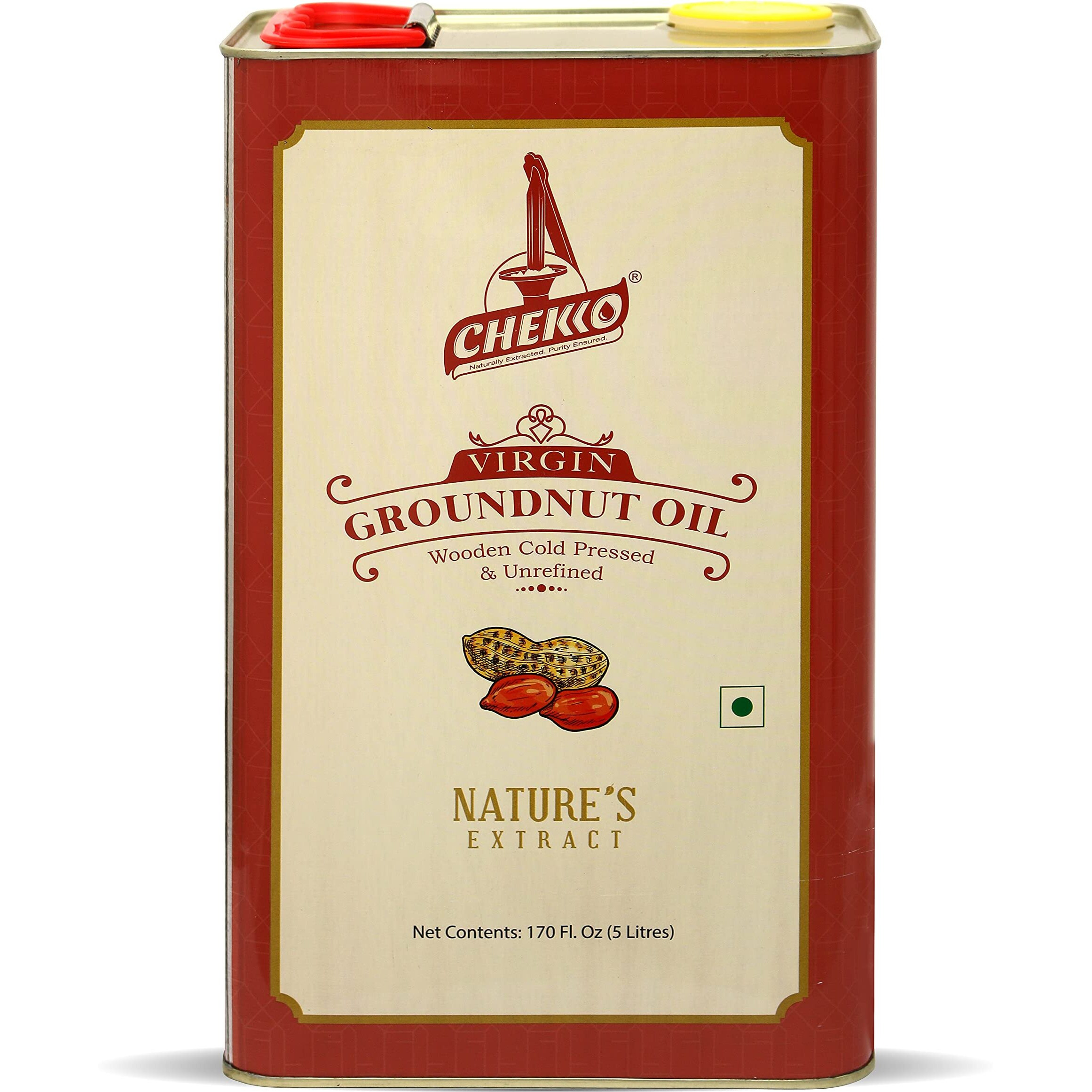 Chekko Kachi Ghani Cold Pressed Virgin 5L Groundnut/Peanut Oil | 100% Natural, Pure & Wood Pressed 5 Litre for Cooking