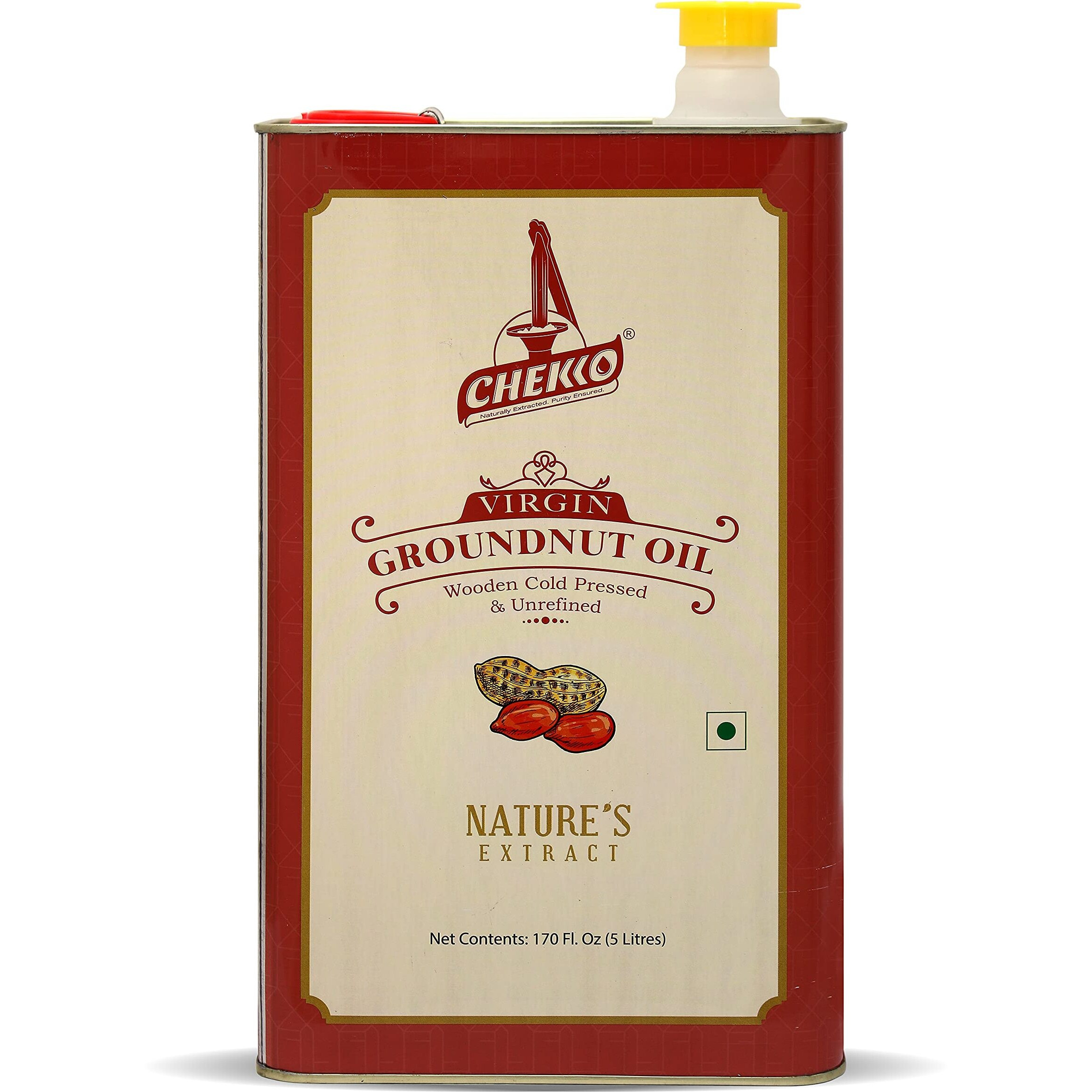 Chekko Kachi Ghani Cold Pressed Virgin 5L Groundnut/Peanut Oil | 100% Natural, Pure & Wood Pressed 5 Litre for Cooking