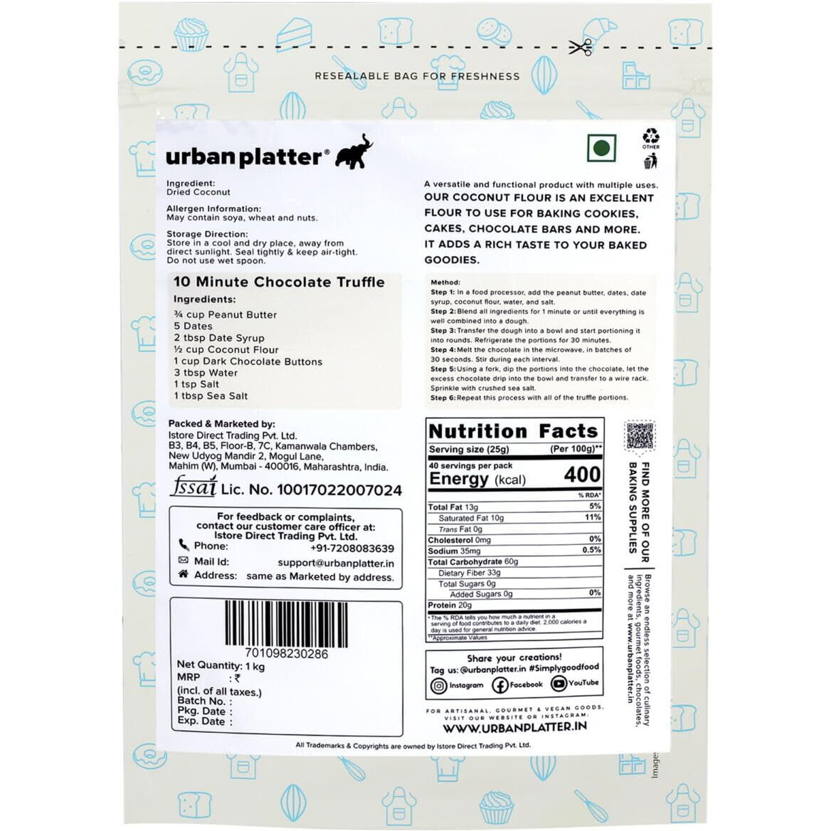 Urban Platter Coconut Flour, 1kg [Made with Coconuts from Tamil Nadu, Naturally Gluten-Free, Fiber-Rich, Paleo Friendly, Perfect for Baking, Making Cookies]
