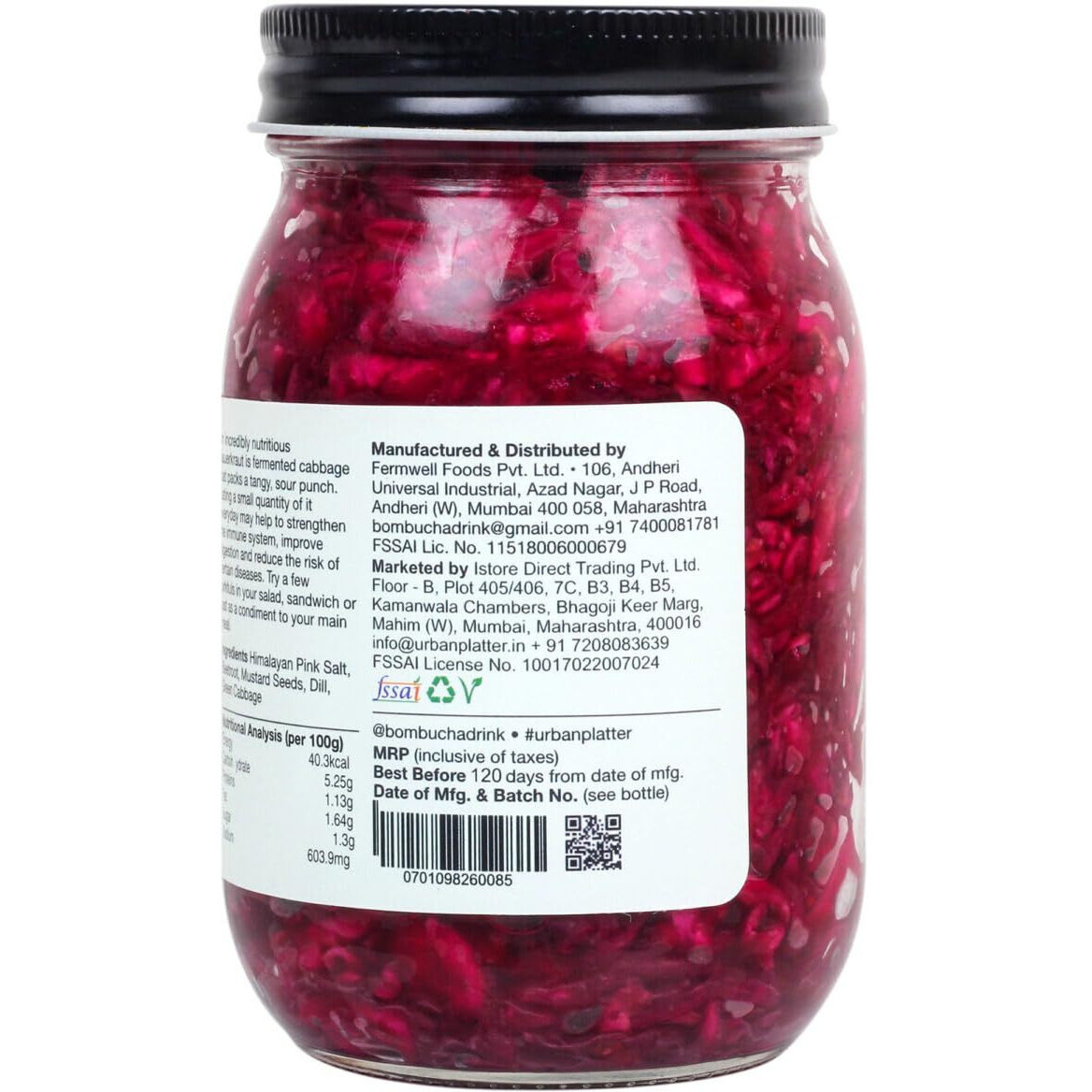 Urban Platter Sauerkraut Original Pickled Probiotic Cabbage with Beetroot, 450g / 15.8oz [Raw, Organic & Powered by Bombucha]