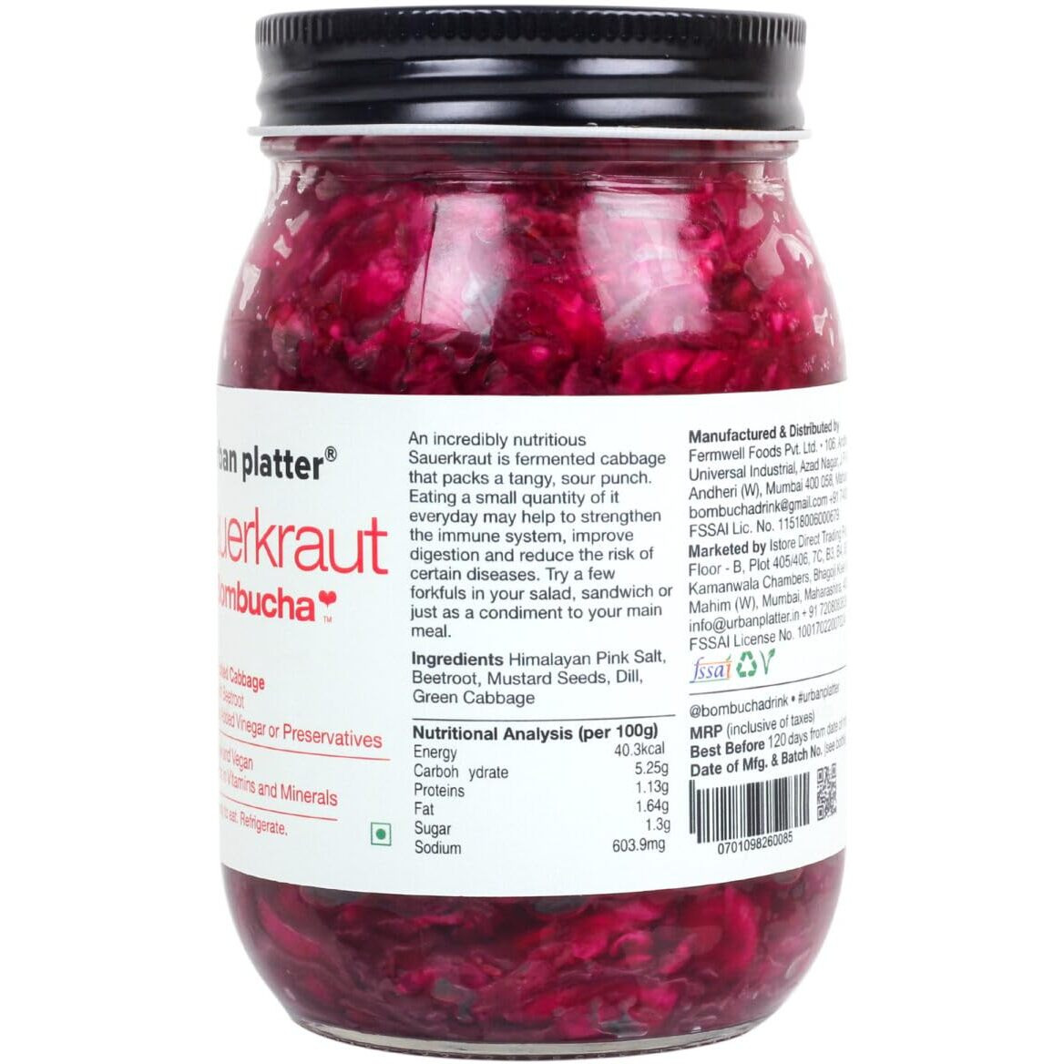 Urban Platter Sauerkraut Original Pickled Probiotic Cabbage with Beetroot, 450g / 15.8oz [Raw, Organic & Powered by Bombucha]