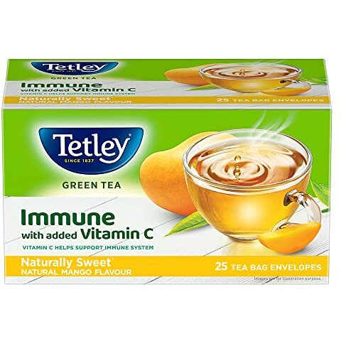 Tetley Green Tea Immune, With Added Vitamin C, Naturally Mango Flavour, 25 Tea Bags, 1.3gx25, 32 Grams