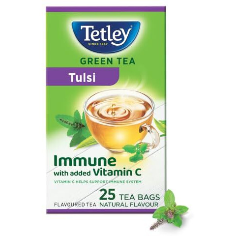 Tetley | Green Tea With Tulsi | Immune With Added Vitamin C | 25 Tea Bags, 30 Grams