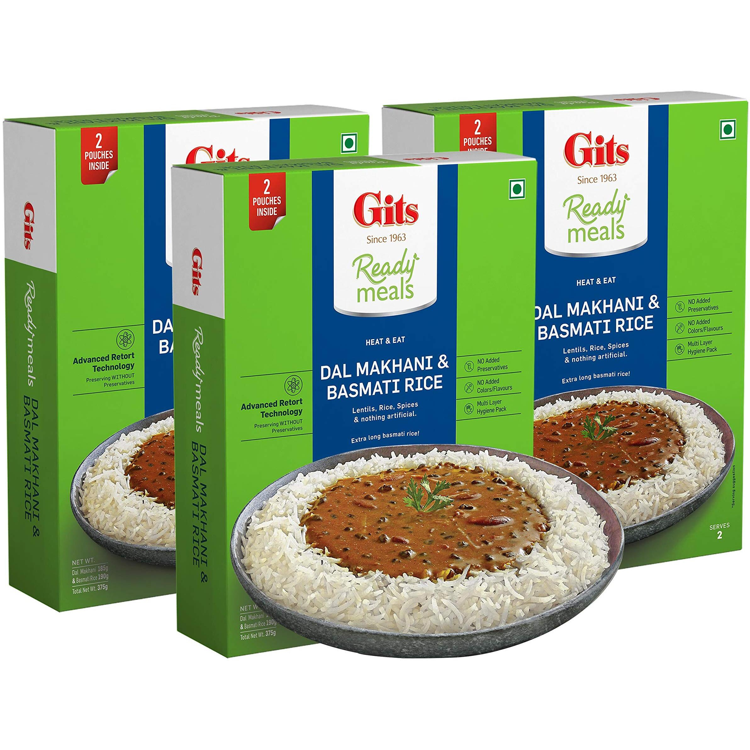 Gits Ready to Eat Basmati Rice + Dal Makhani Combo Indian Meal, Pure Veg Heat and Eat, 1125g (Pack of 3 X 375g Each)