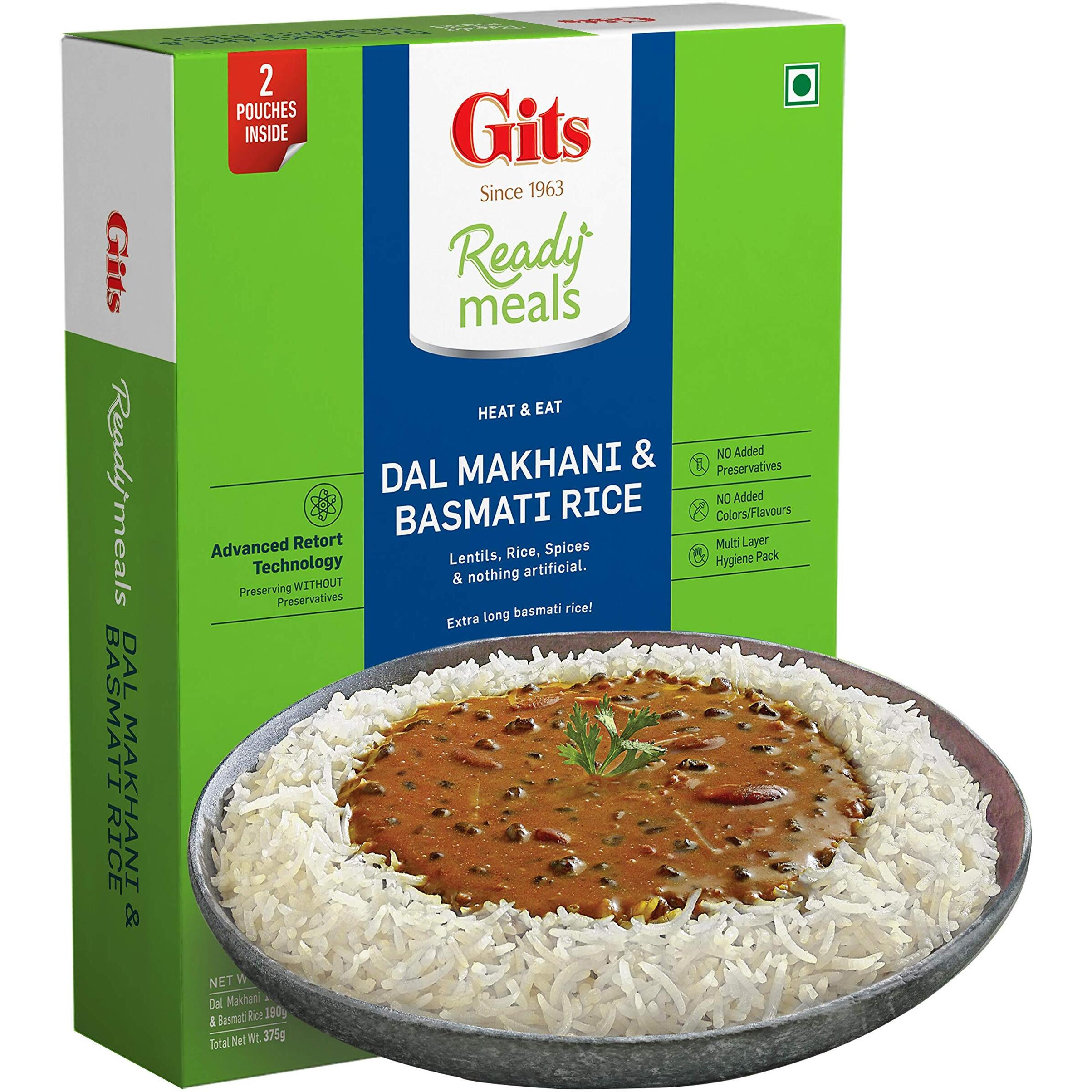 Gits Ready to Eat Basmati Rice + Dal Makhani Combo Indian Meal, Pure Veg Heat and Eat, 1125g (Pack of 3 X 375g Each)